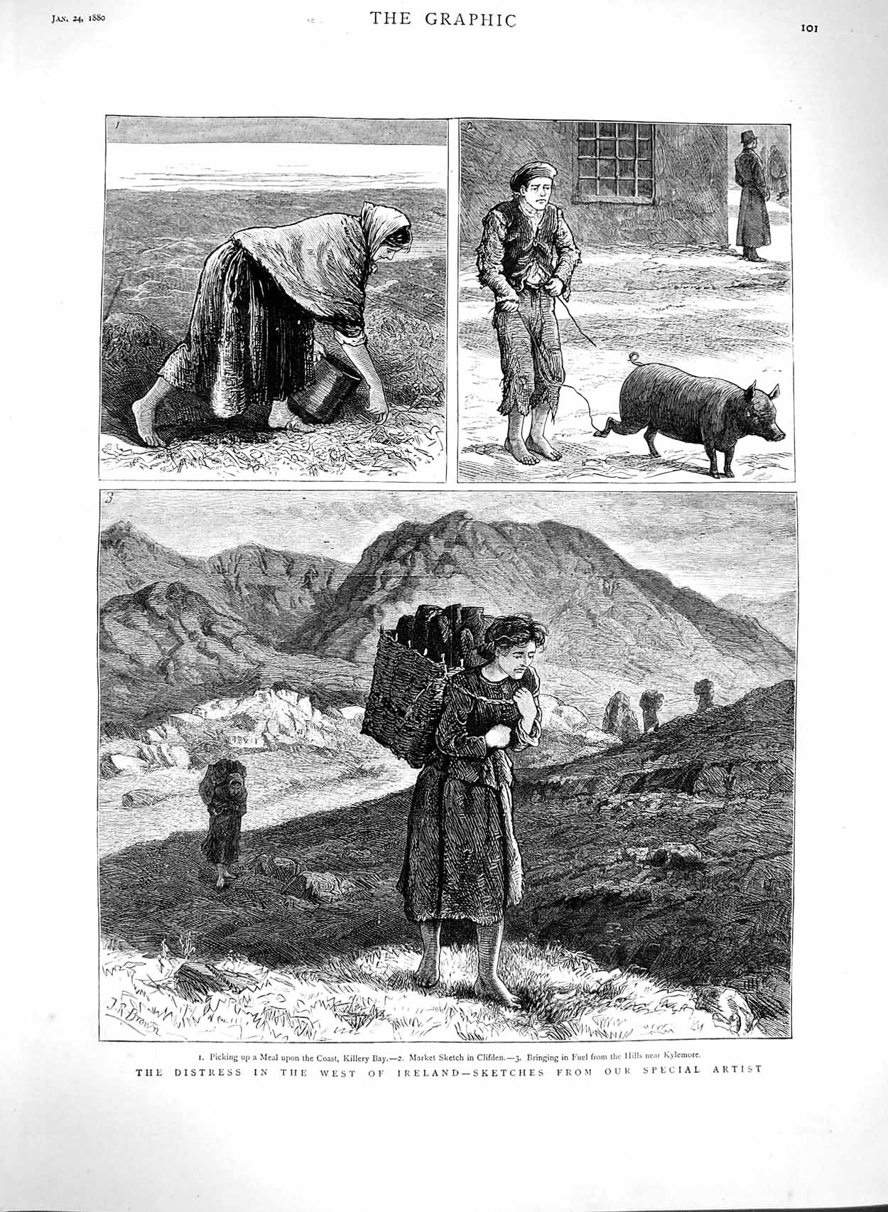 Original Old Antique Print 1880 Distress Ireland Killery Bay Clifden Kylemo 19th