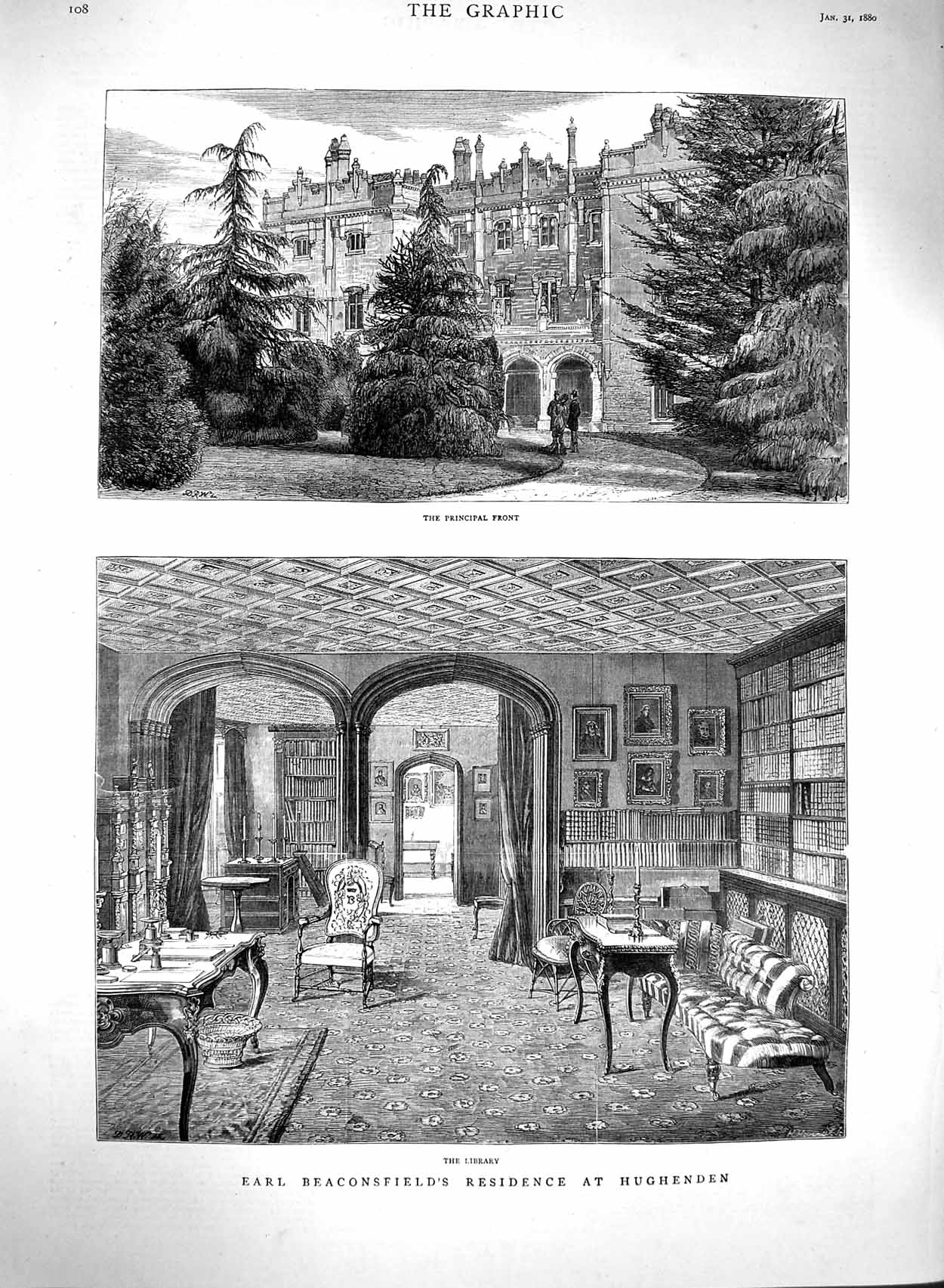 Old Antique Print 1880 Earl Beaconsfield Hughenden Library House Garden 19th