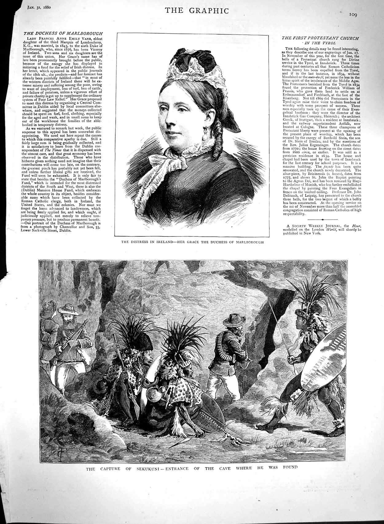 Old Antique Print 1880 Duchess Marlborough Capture Sekukuni Cave Natives 19th