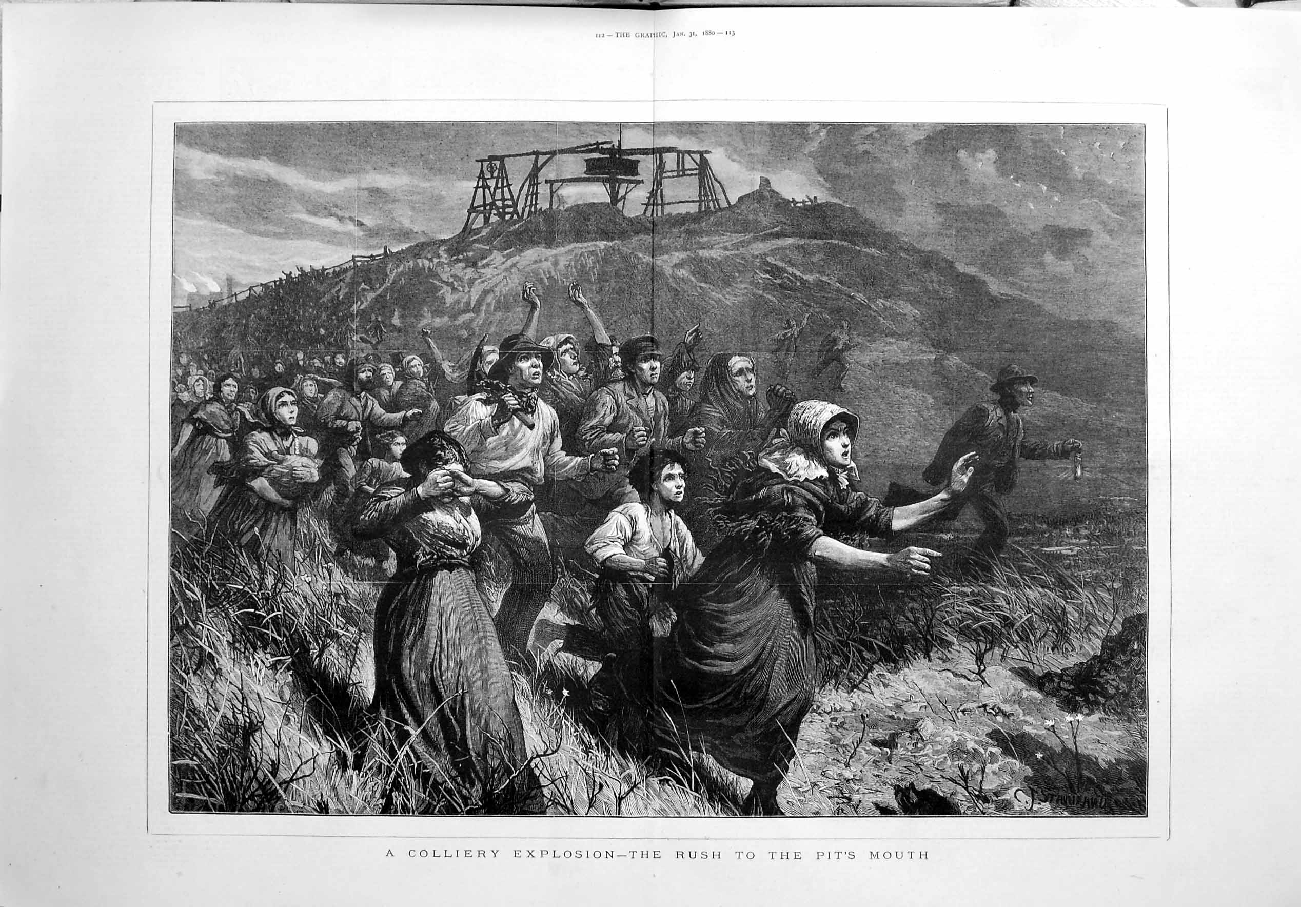 Old Antique Print 1880 Colliery Explosion Mining Pit Mouth Families Art 19th