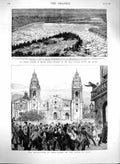 Original Old Antique Print 1880 Peru Plaza Lima Ice-Block France Loire River