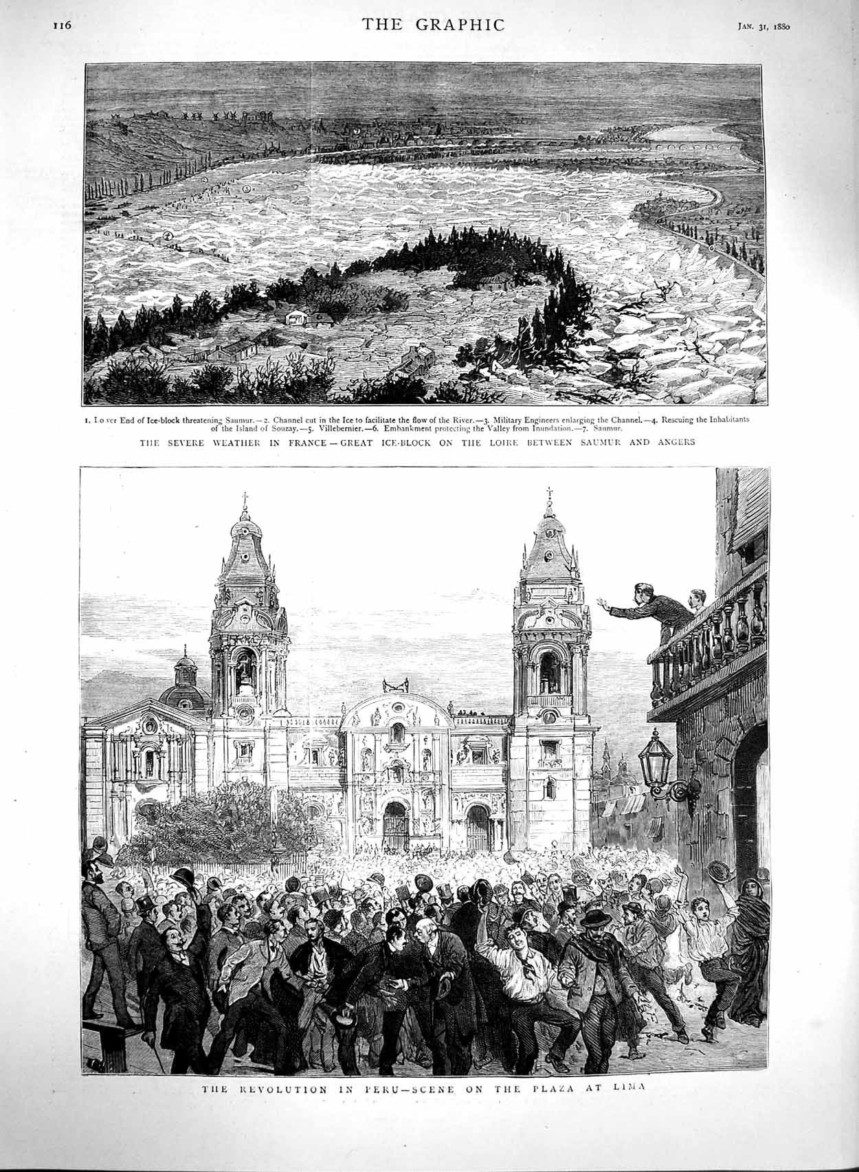Original Old Antique Print 1880 Peru Plaza Lima Ice-Block France Loire River