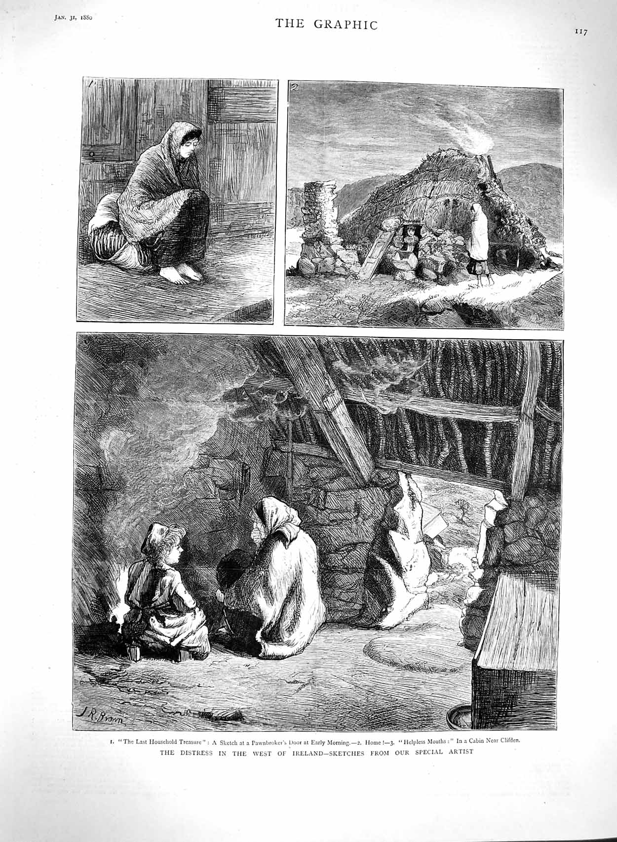 Old Antique Print 1880 Distress Ireland Pawnbroker Cabin Clifden Family 19th