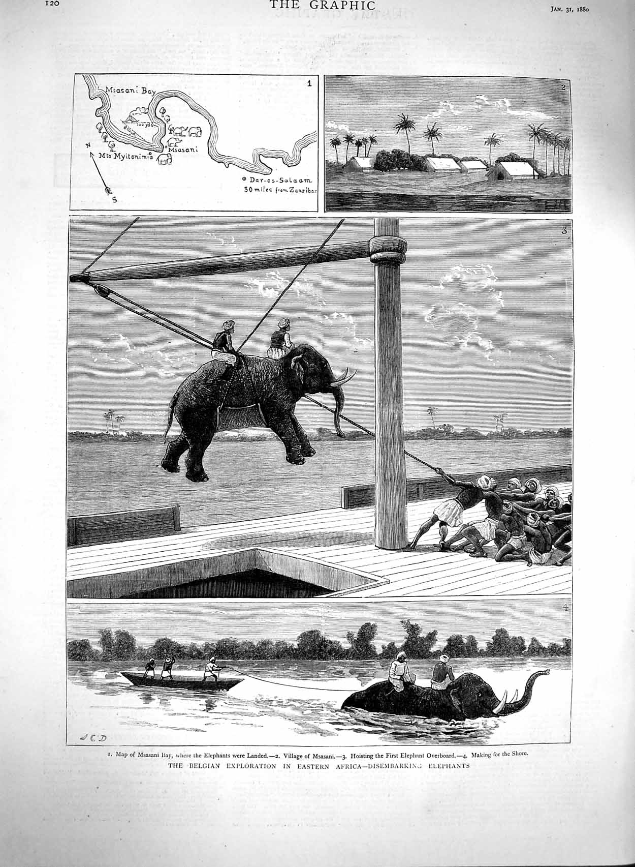 Old Antique Print 1880 Msasani Bay Elephants Africa Belgian Exploration 19th