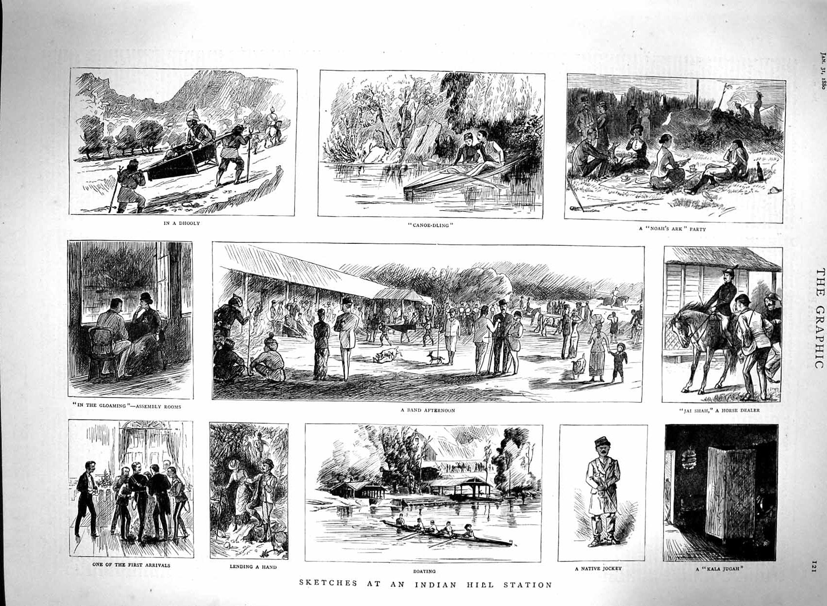 Original Old Antique Print 1880 Indian Hill Station Canoe Boating Native Jockey
