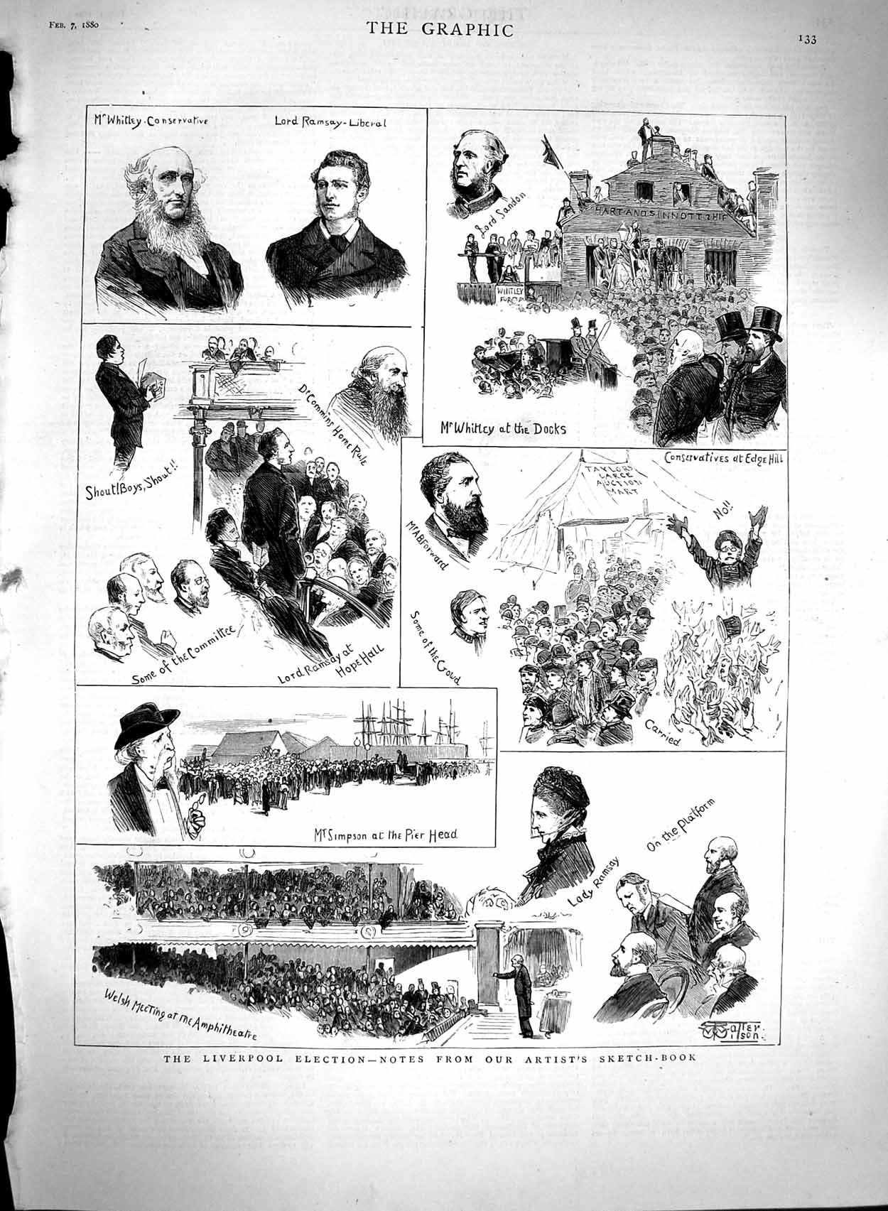 Original Old Antique Print 1880 Liverpool Election Whitley Lord Ramsey Simpson