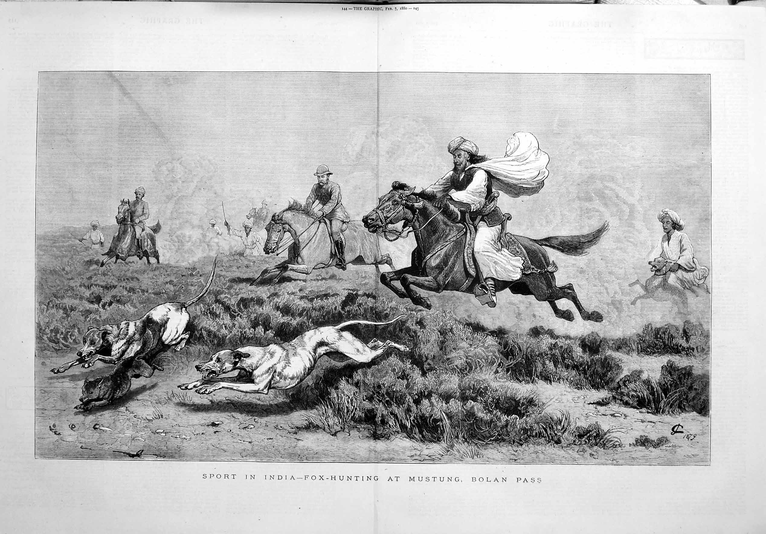 Old Antique Print 1880 Sport India Fox Hunting Mustung Bolan Pass Hounds 19th