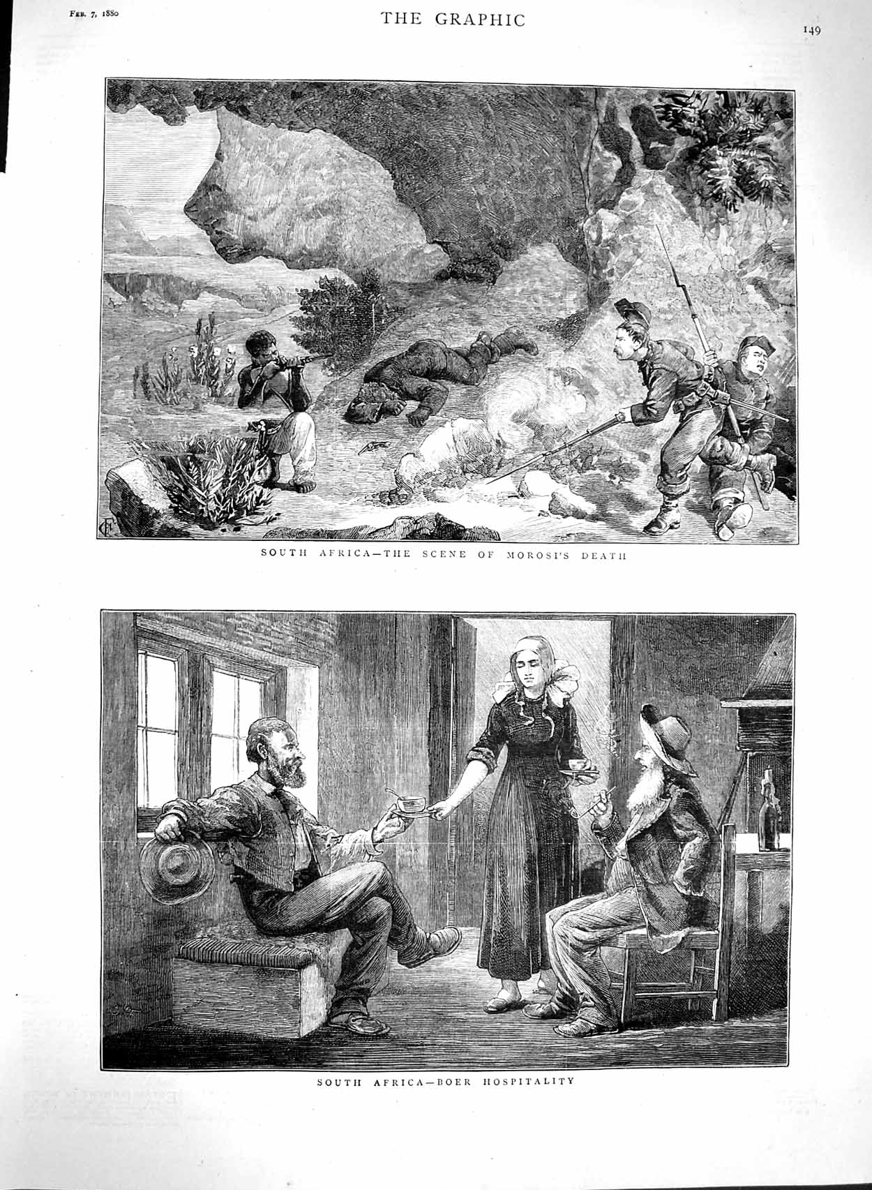 Original Old Antique Print 1880 Africa Boer Men Scene Morosi Death War Siers