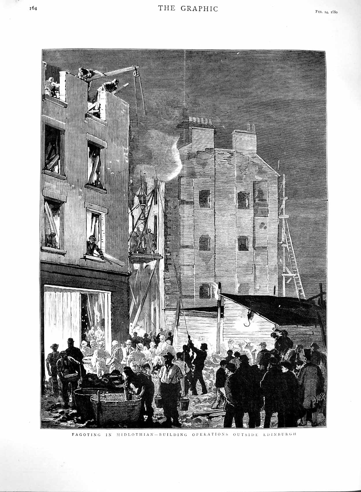Original Old Antique Print 1880 Fagoting Midlothian Building Edinburgh Scotland