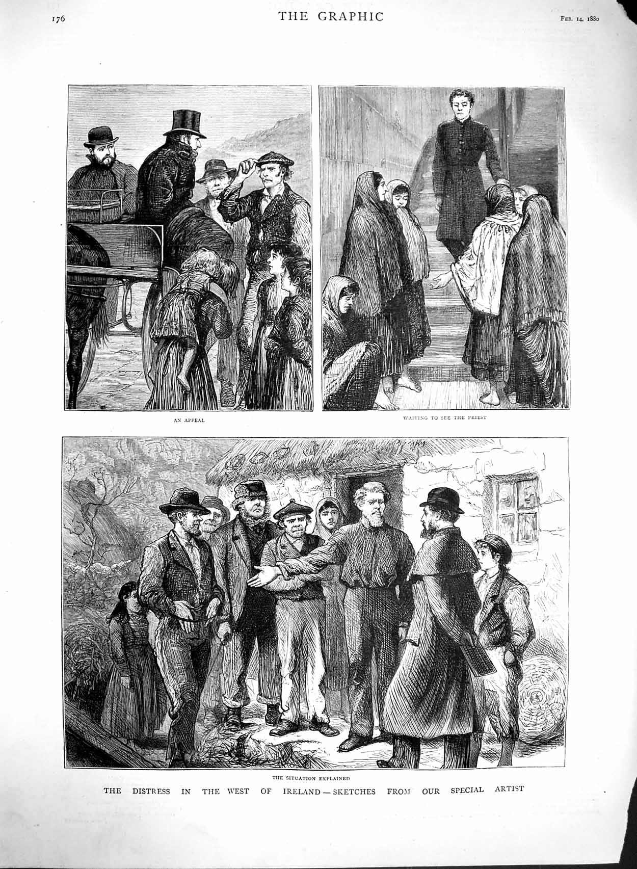 Original Old Antique Print 1880 Distress Ireland Priest Family Home Children