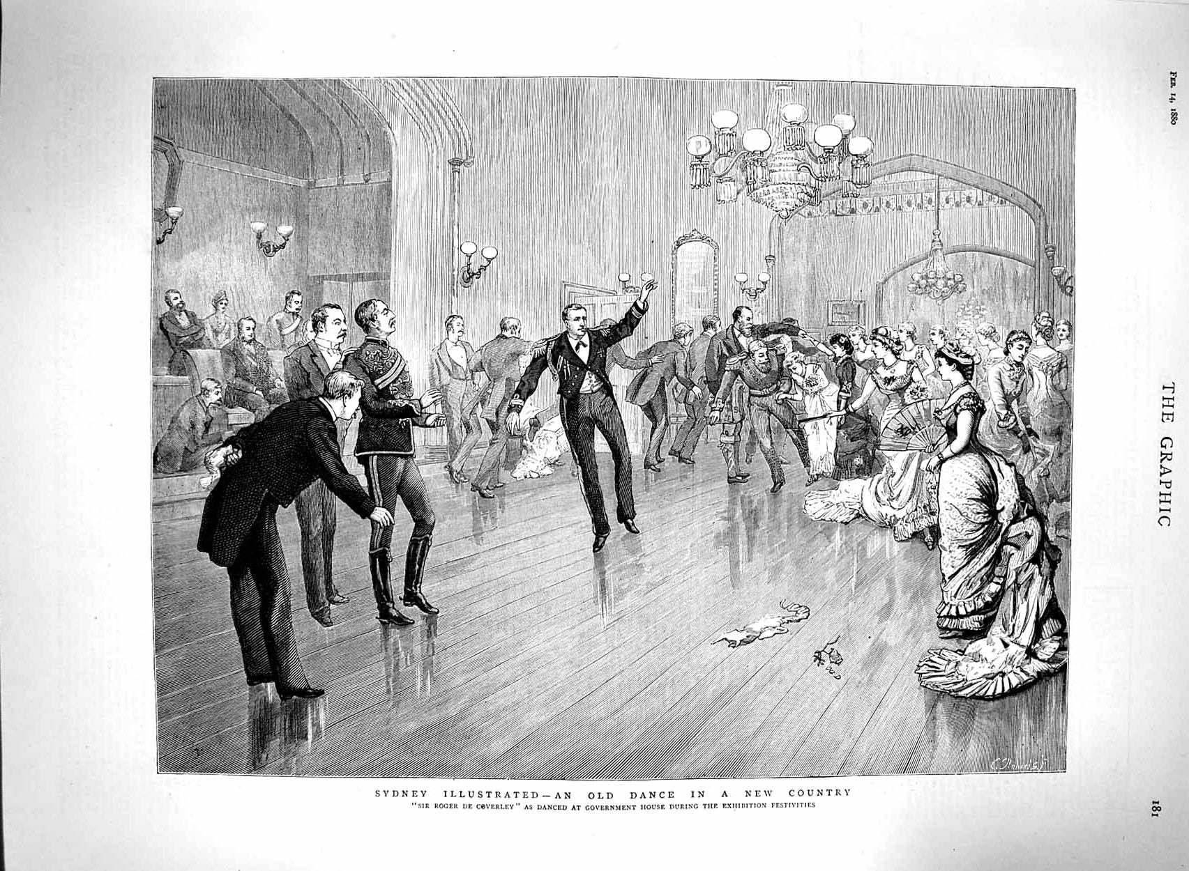 Old Antique Print 1880 Roger Coverley Dance Government Sydney Australia 19th