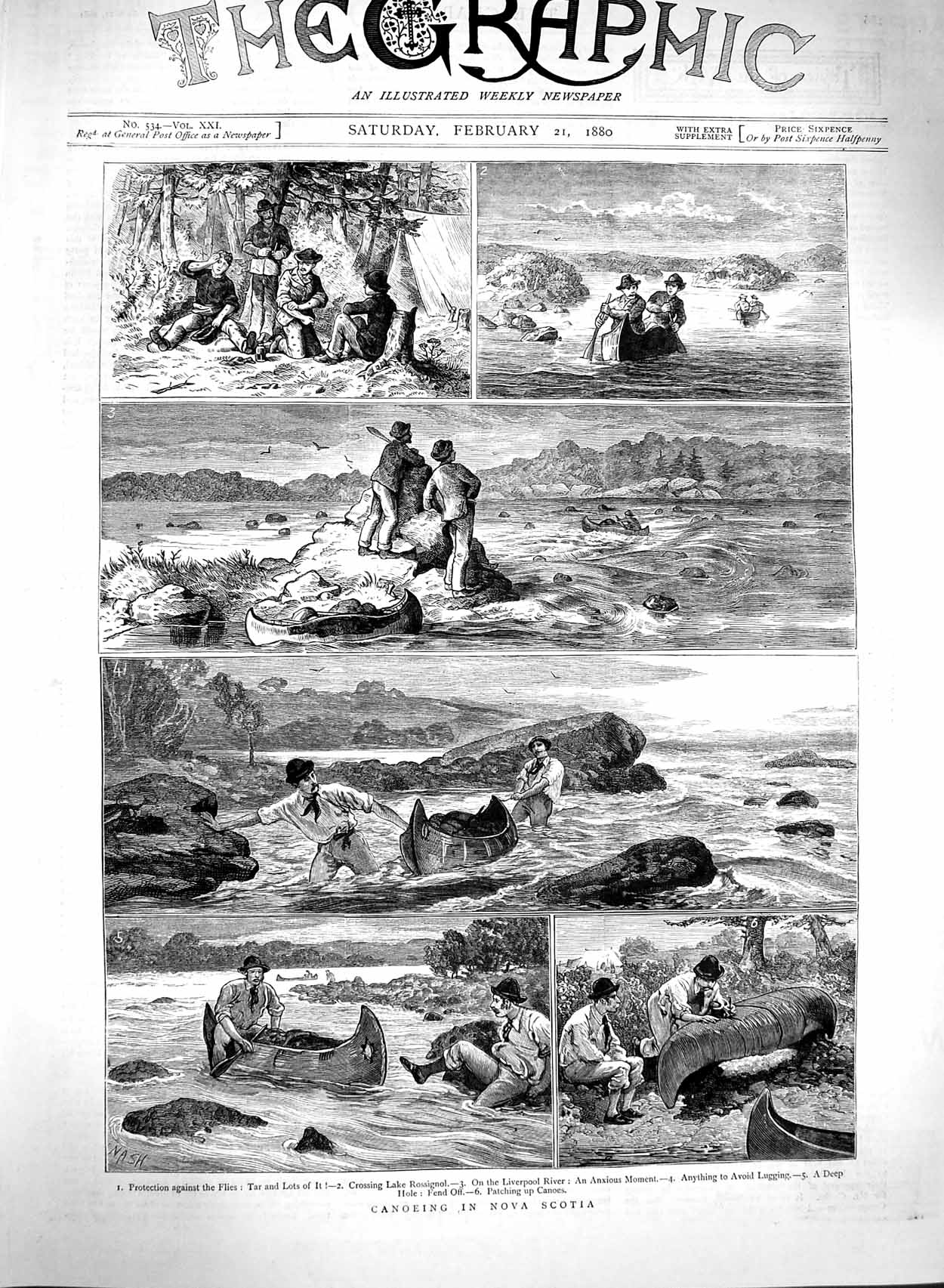 Original Old Antique Print 1880 Conoeing Nova Scotia Lake Rossignol Li Victorian