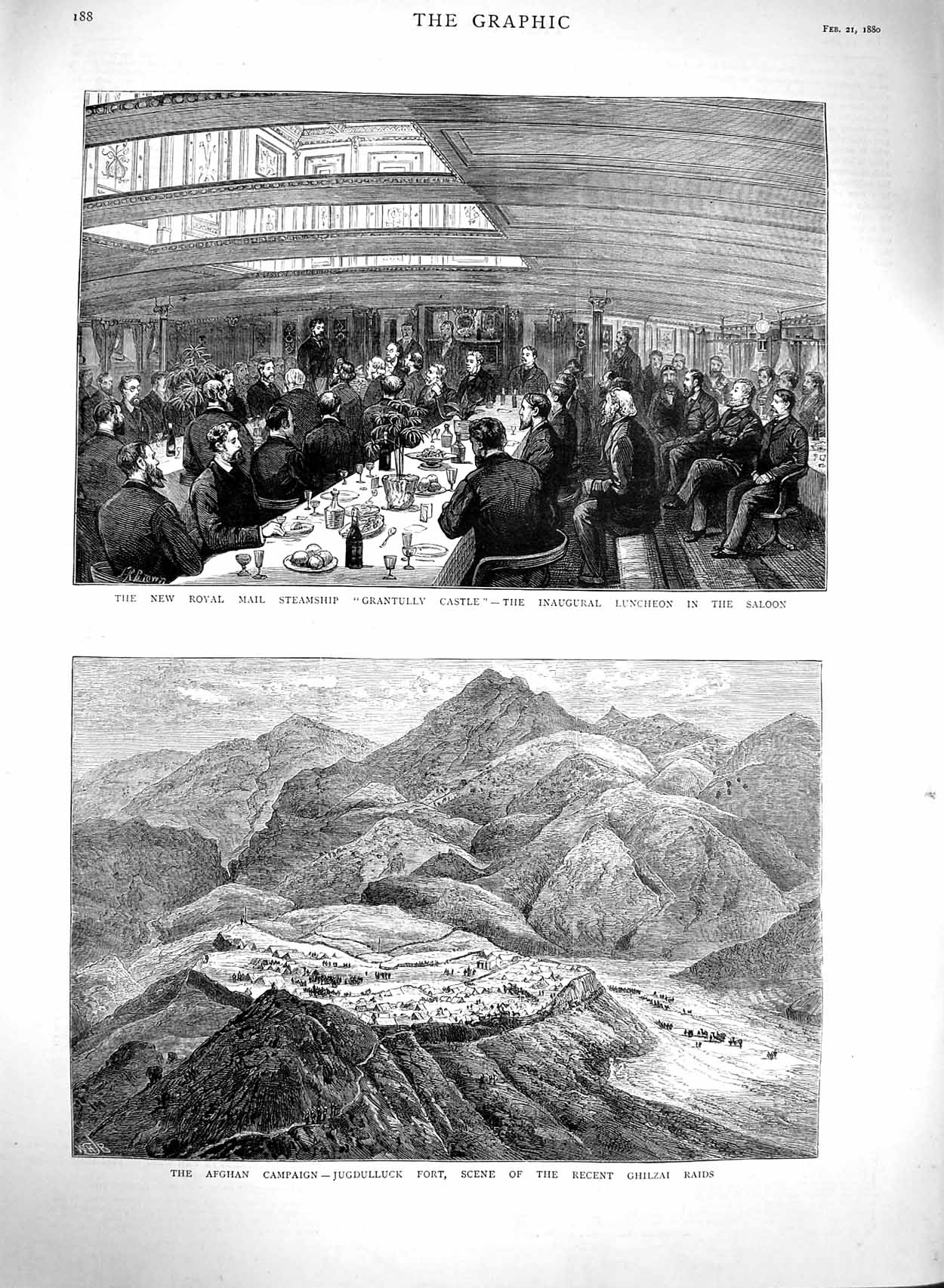 Old Antique Print 1880 Afghan War Jugdulluck Fort Ship Grantully Castle 19th