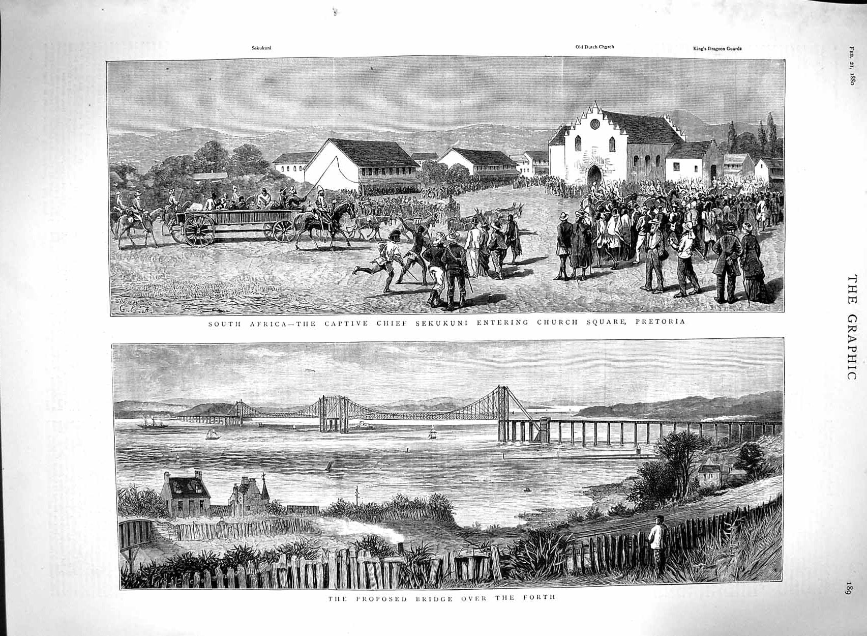Old Antique Print 1880 Africa Chief Sekukuni Church Pretoria Forth Bridge 19th
