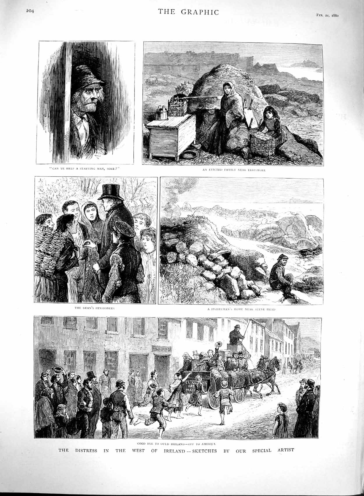 Original Old Antique Print 1880 Distress Ireland Errismore Fisherman Slyne 19th