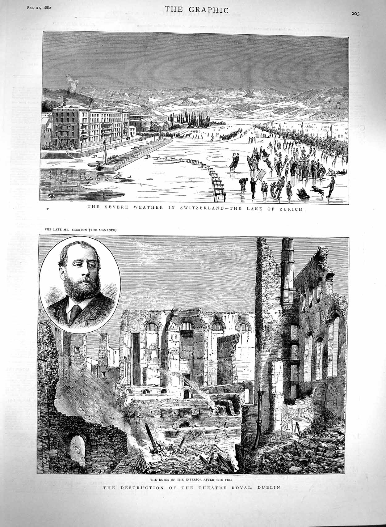 Original Old Antique Print 1880 Theatre Royal Dublin Egerton Switzerland 19th