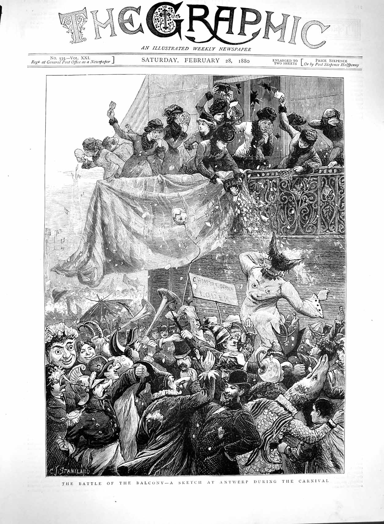 Original Old Antique Print 1880 Antwerp Carnival Women Throwing Balcony People