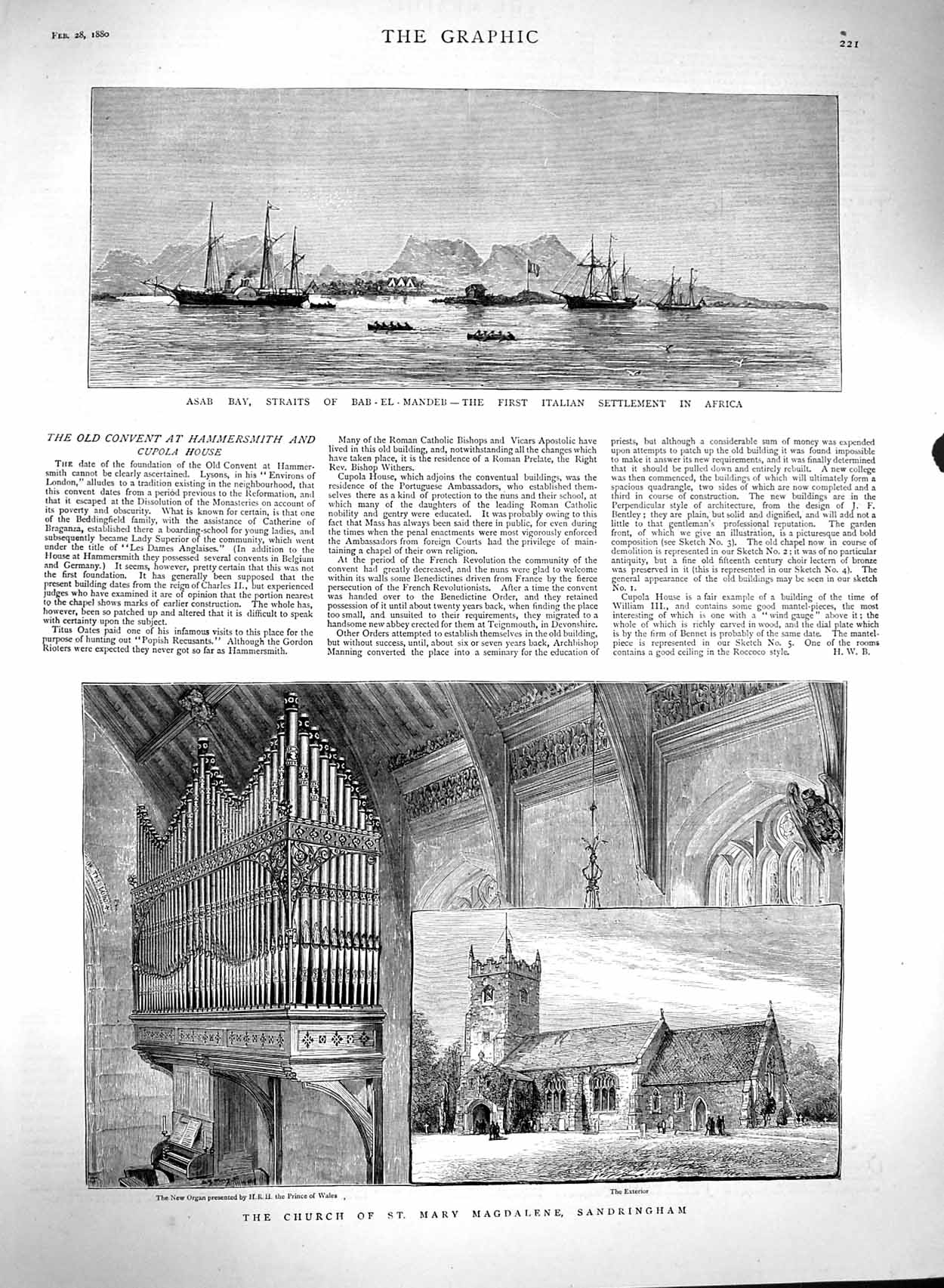 Old Antique Print 1880 Church Mary Magdalene Sandringham Asab Bay Ships 19th