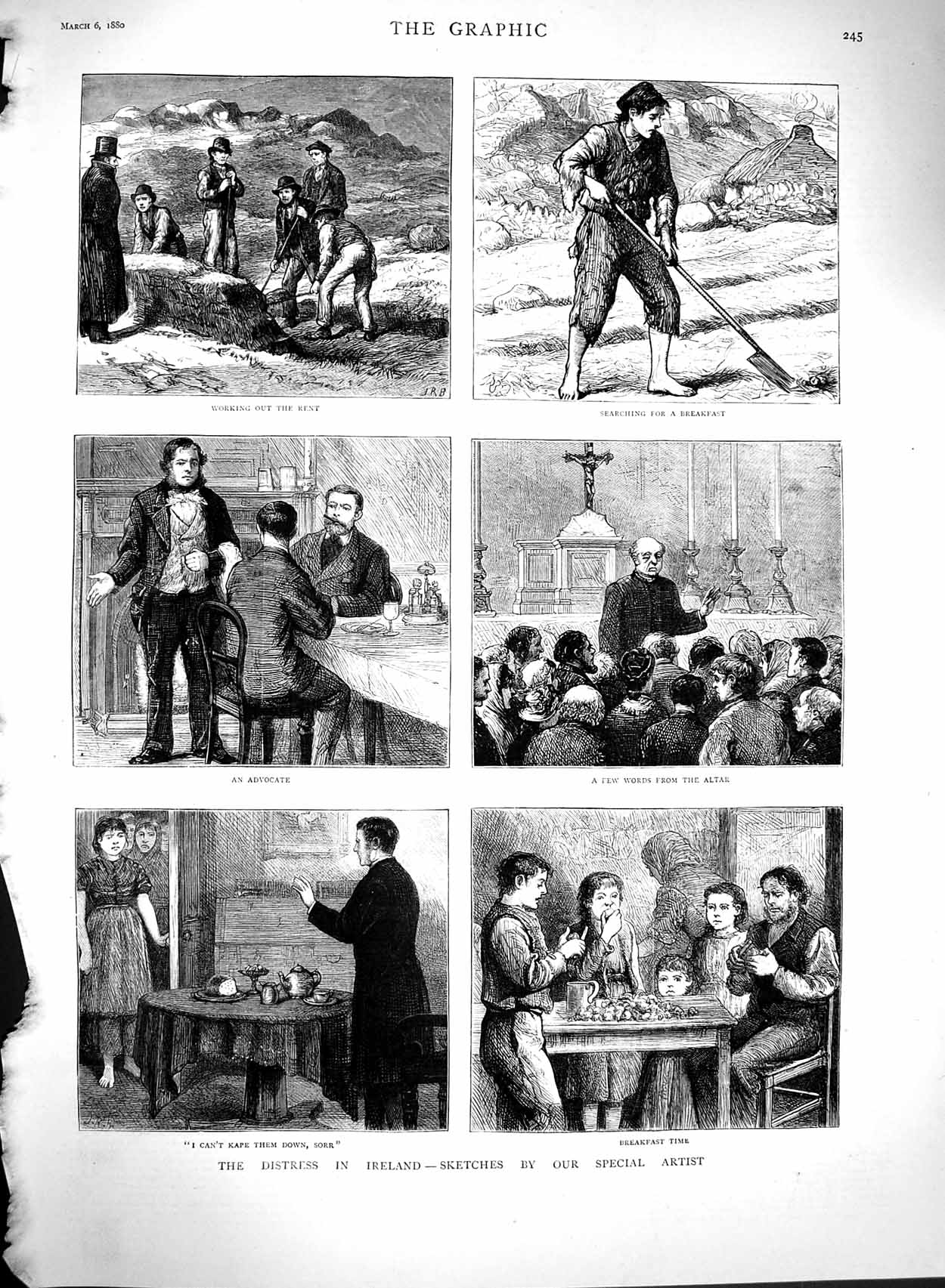 Original Old Antique Print 1880 Ireland Families People Church Priest Farming