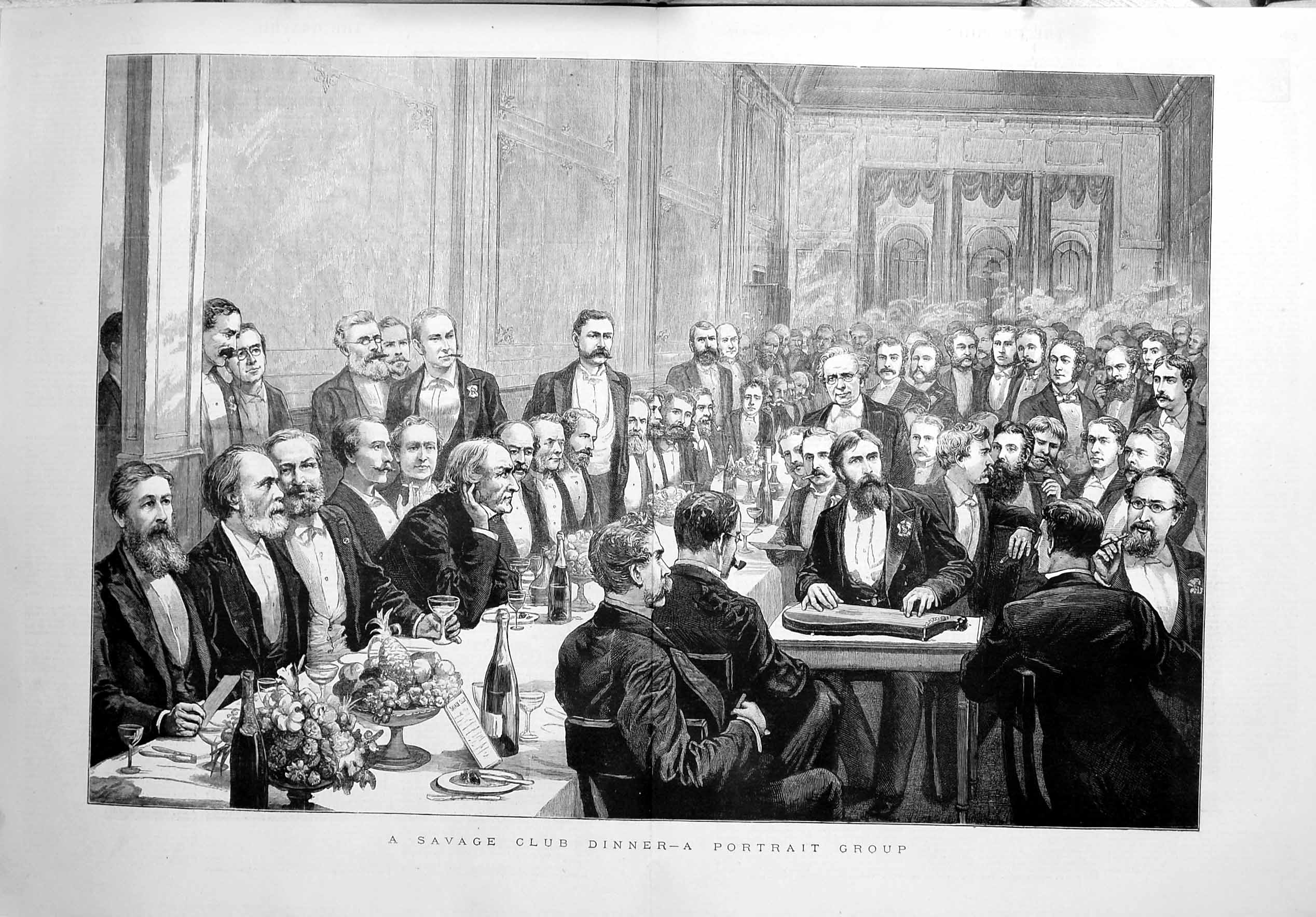 Original Old Antique Print 1880 Savage Club Dinner Men Meeting Portrait Group