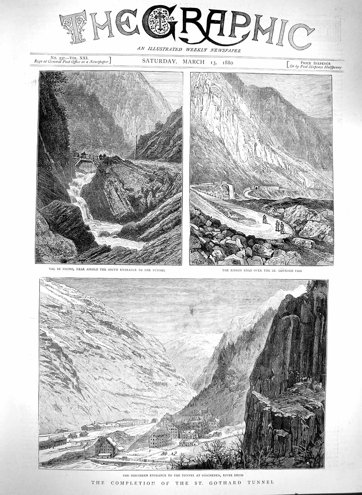 Old Antique Print 1880 St. Gothard Tunnel Goschenen Reuss Val Di Ticino 19th