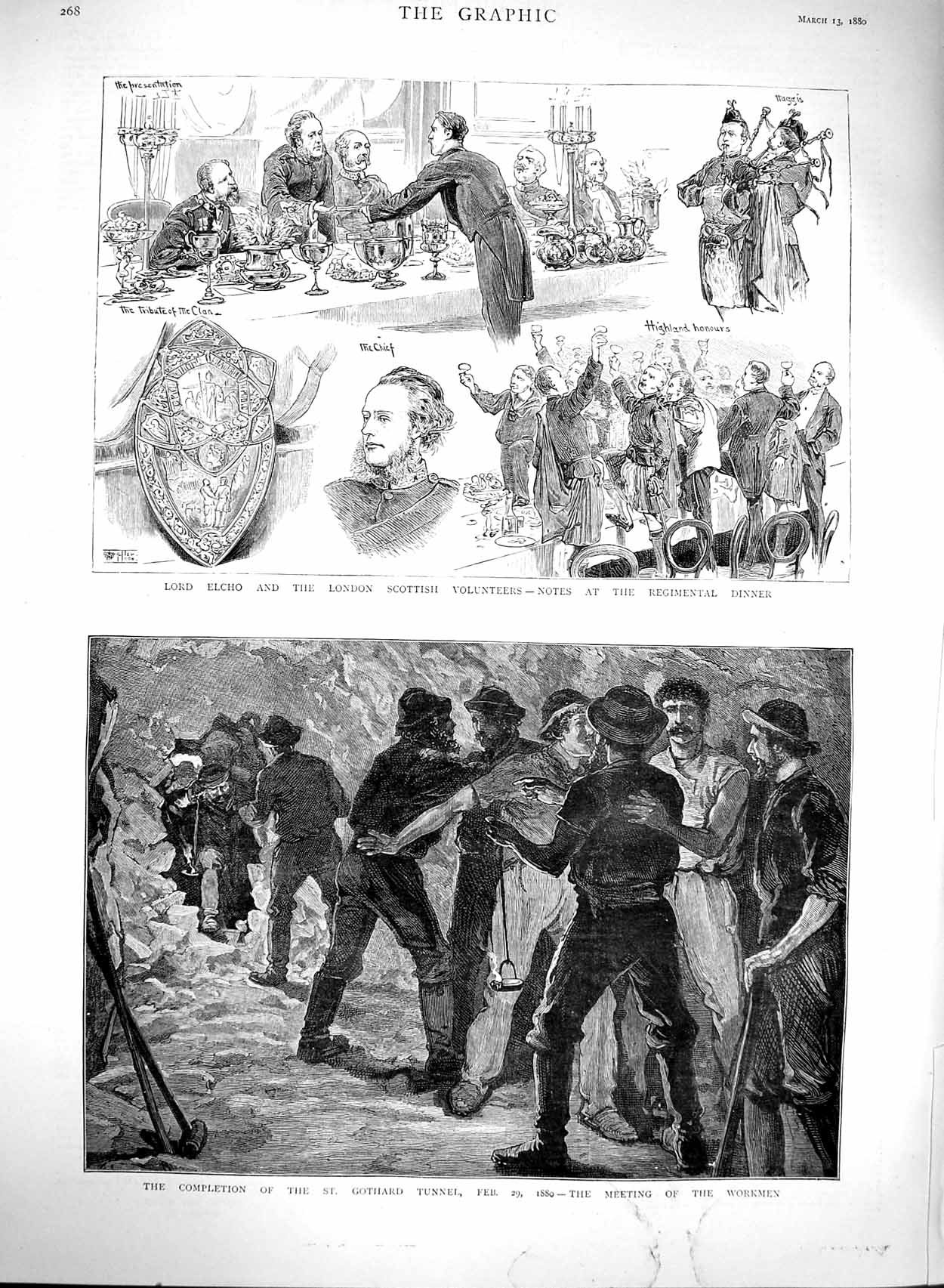 Old Antique Print 1880 Gothard Tunnel Workmen Lord Elcho Army Volunteers 19th