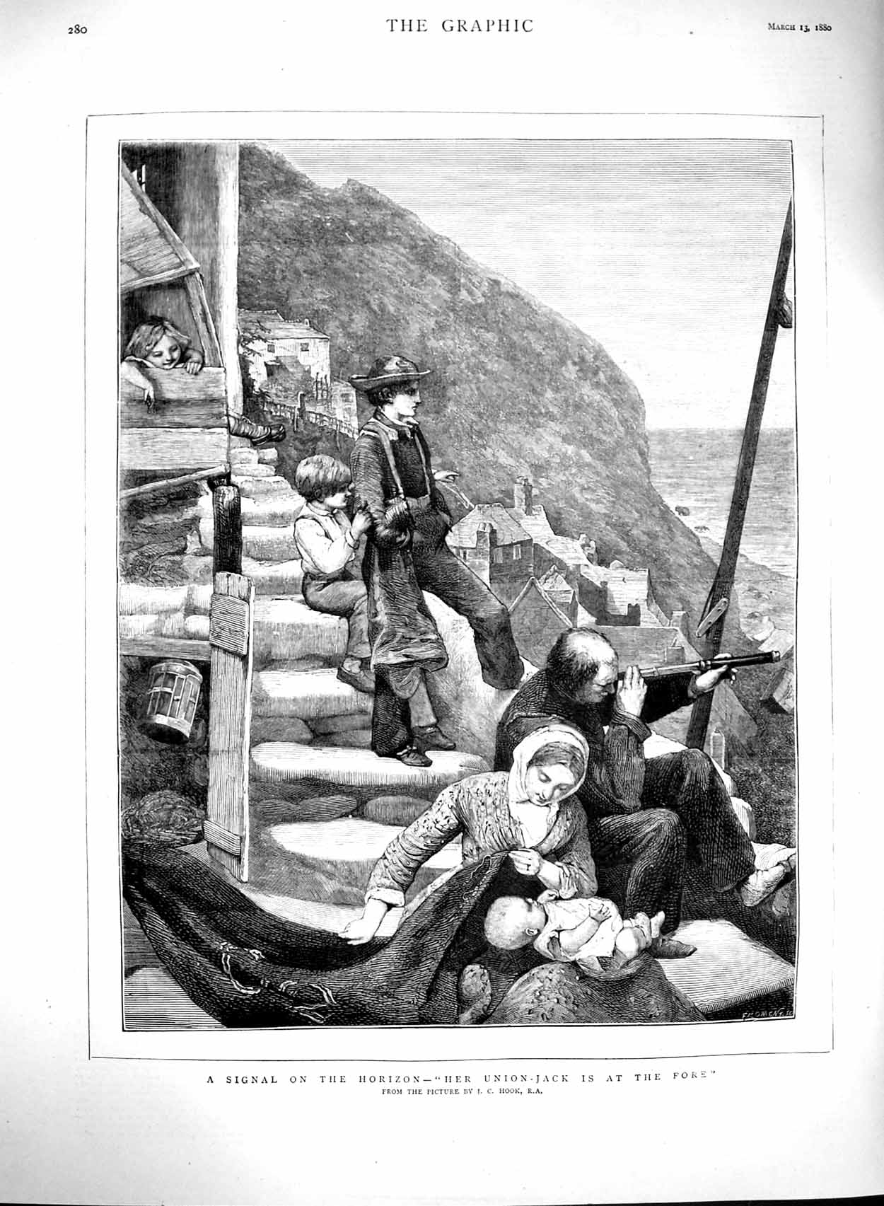 Old Antique Print 1880 Hook Fine Art Ship Telescope Family Children Sea 19th