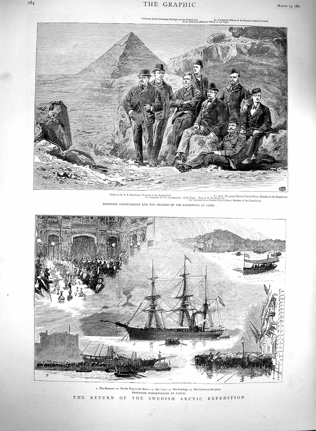 Original Old Antique Print 1880 Swedish Arctic Expedition NordenskjNaples Ship