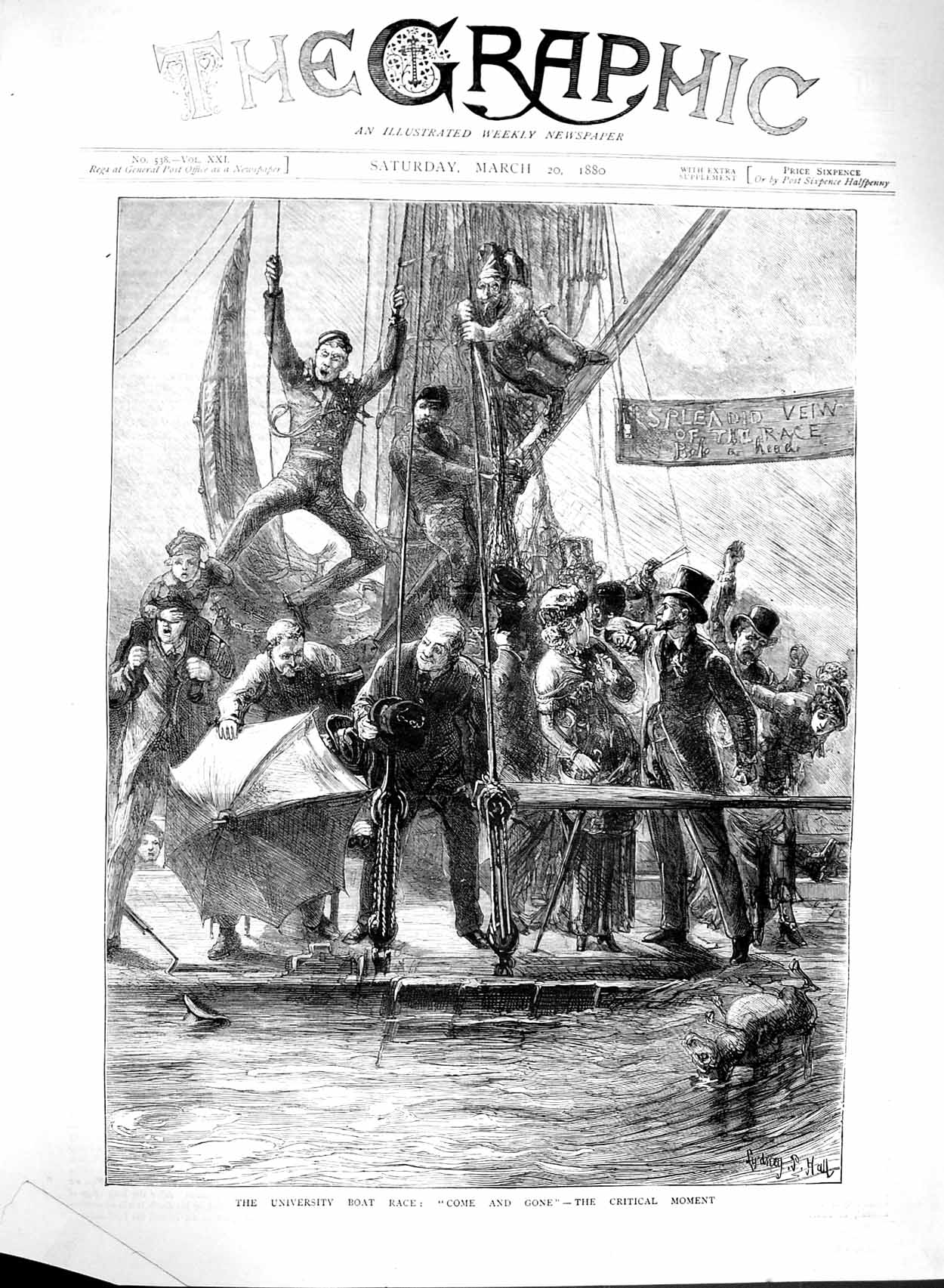 Old Antique Print 1880 University Boat Race Sport Oxford Cambridge River 19th