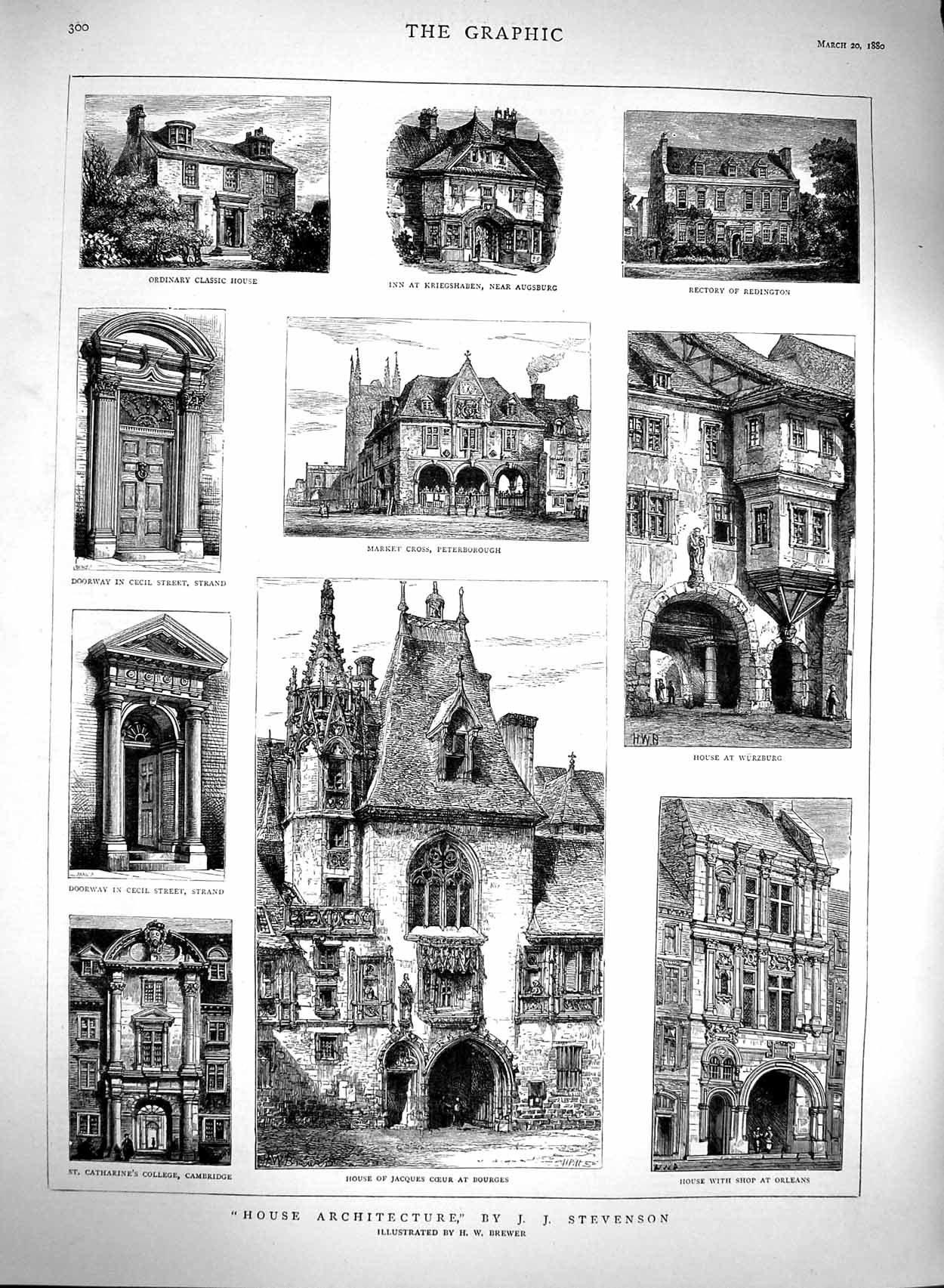 Old Antique Print 1880 Architecture Bourges Wurzberg Peterborough Strand 19th