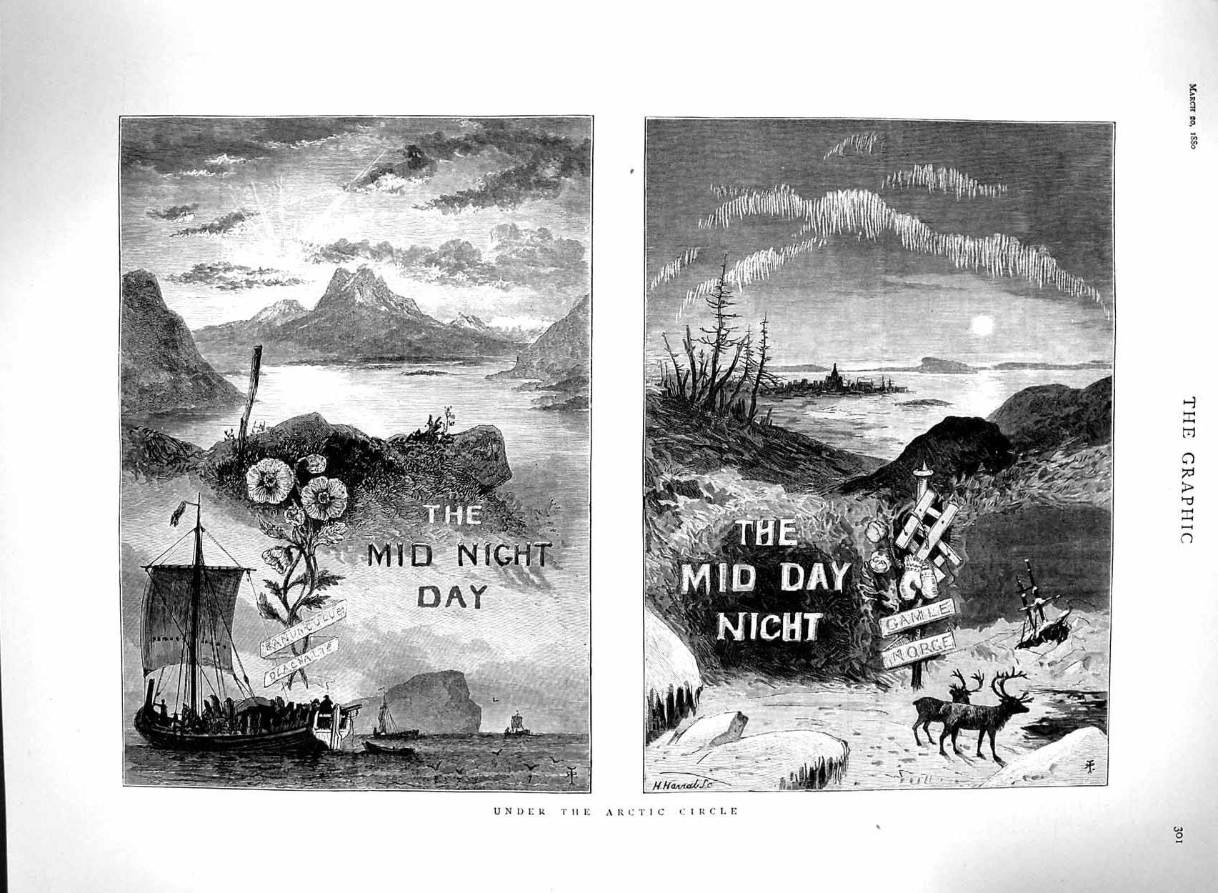 Old Antique Print 1880 Arctic Circle Moon Sun Baot Moose Ice Sea Mountain 19th