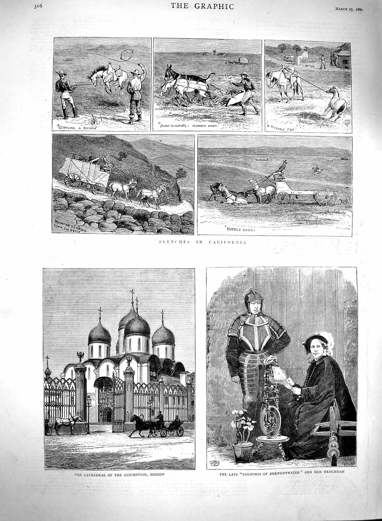 Original Old Antique Print 1880 California America Countess Derwenwater Moscow