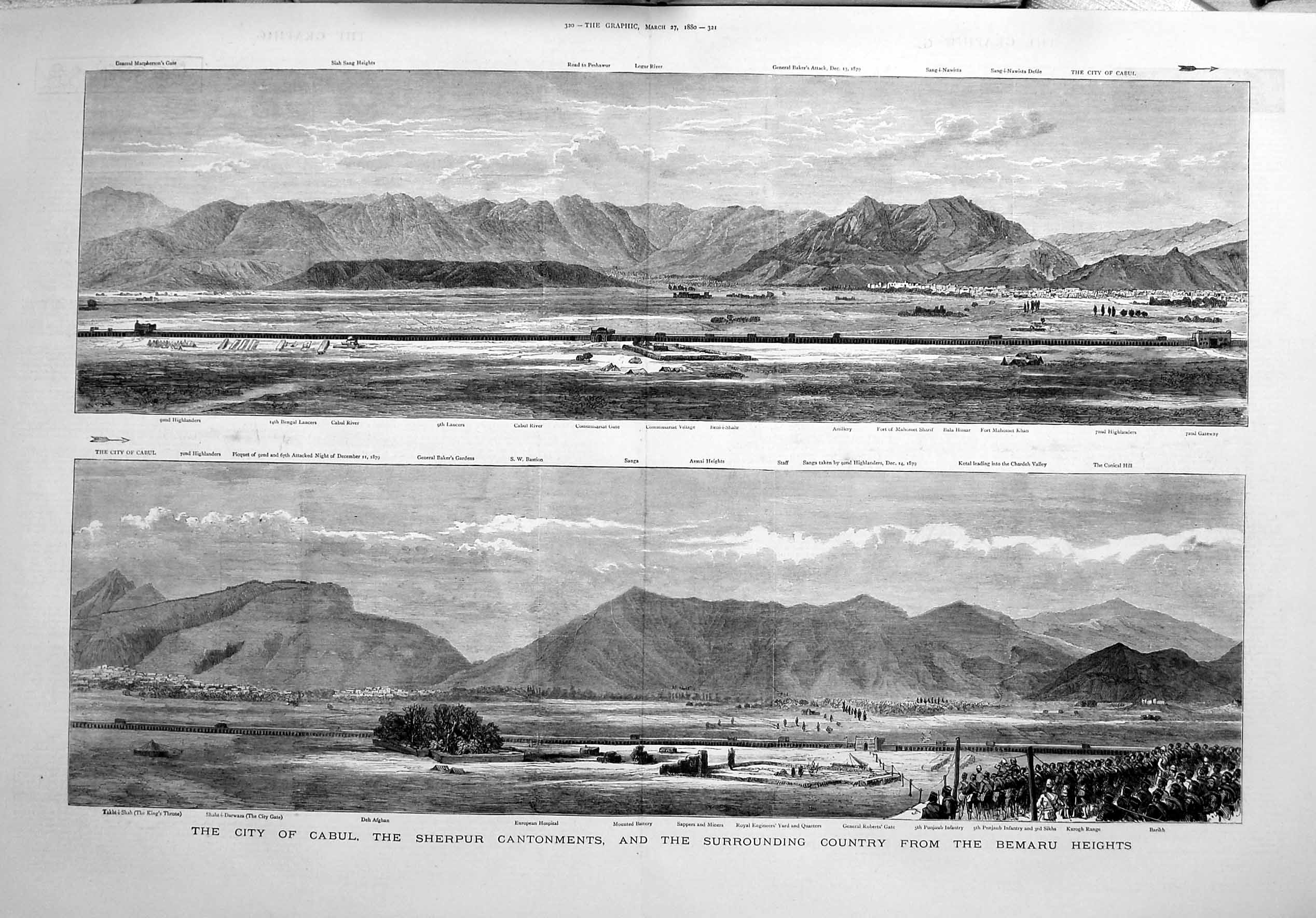 Original Old Antique Print 1880 Cabul Sherpur Cantonments Bemaru Hospita 19th
