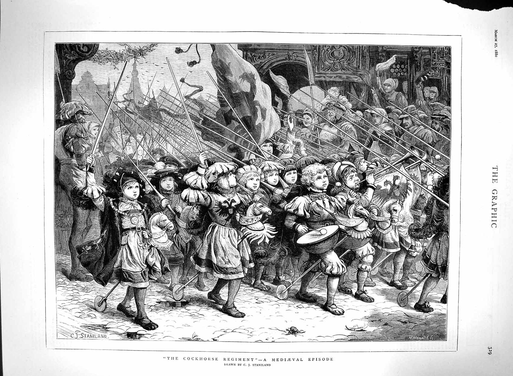 Original Old Antique Print 1880 Cockhorse Regiment Mediaeval Episode Children