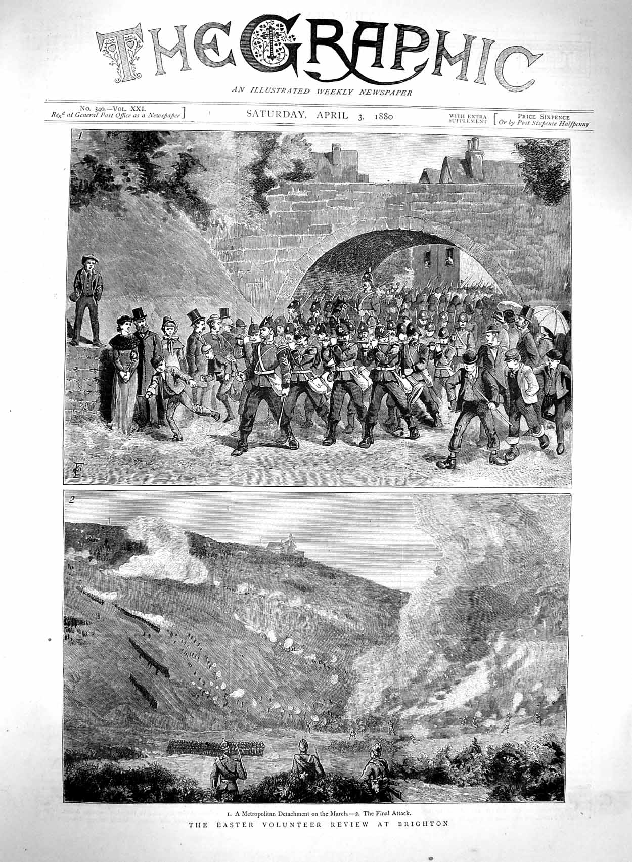 Original Old Antique Print 1880 Volunteer Review Brighton War Siers Marching