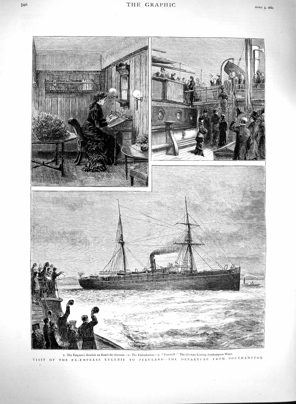 Old Antique Print 1880 Empress Eugenie Zululand Ship German Southampton 19th