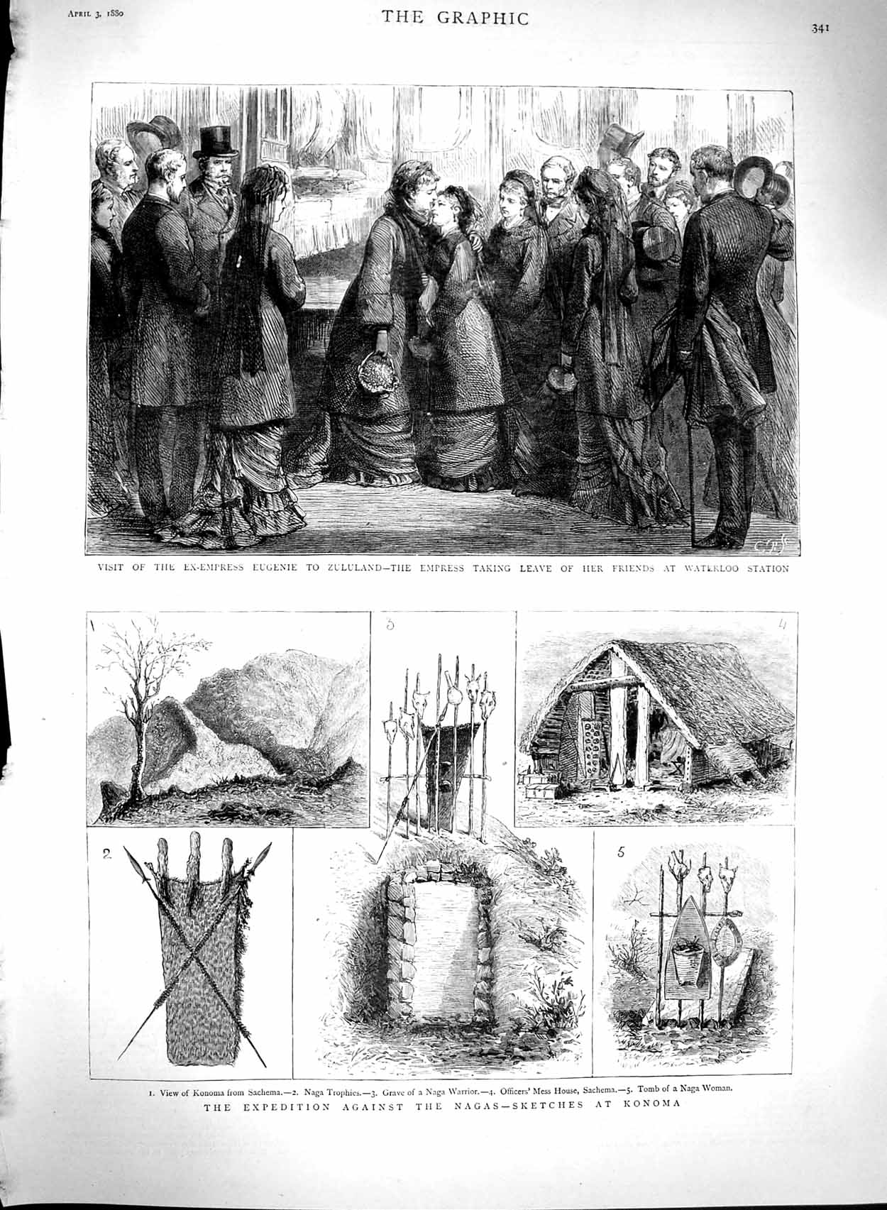 Old Antique Print 1880 Ex-Empress Eugenie Zululand Waterloo Konoma Nagas 19th