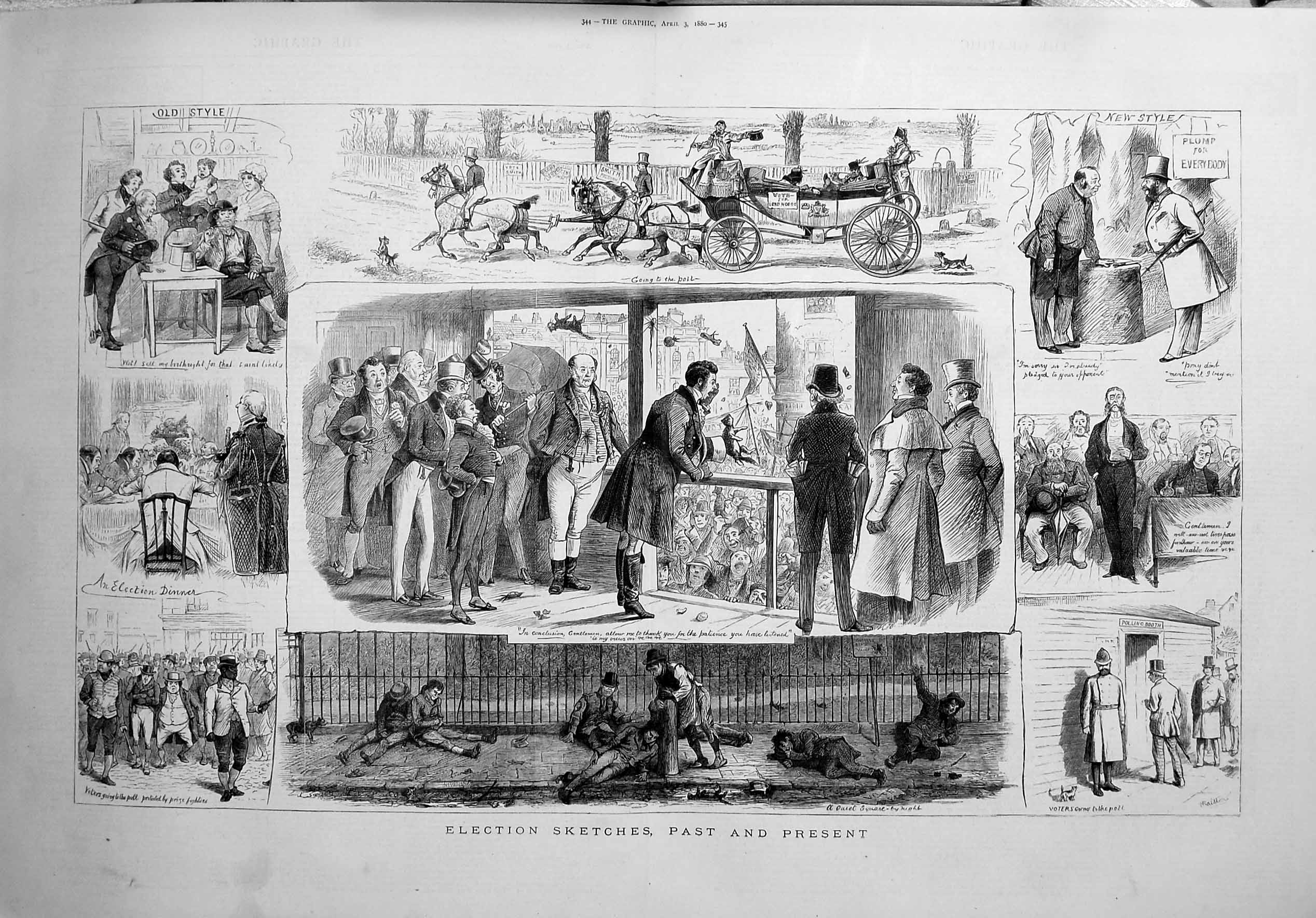Old Antique Print 1880 Election Scenes Men Voting Poll Horses Carriage 19th