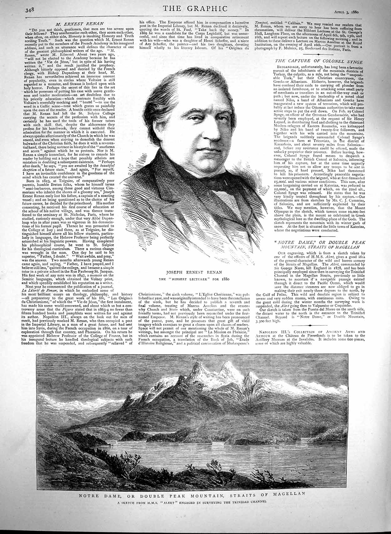 Original Old Antique Print 1880 Joseph Ernest Renan Notre Dame Mountains M 19th