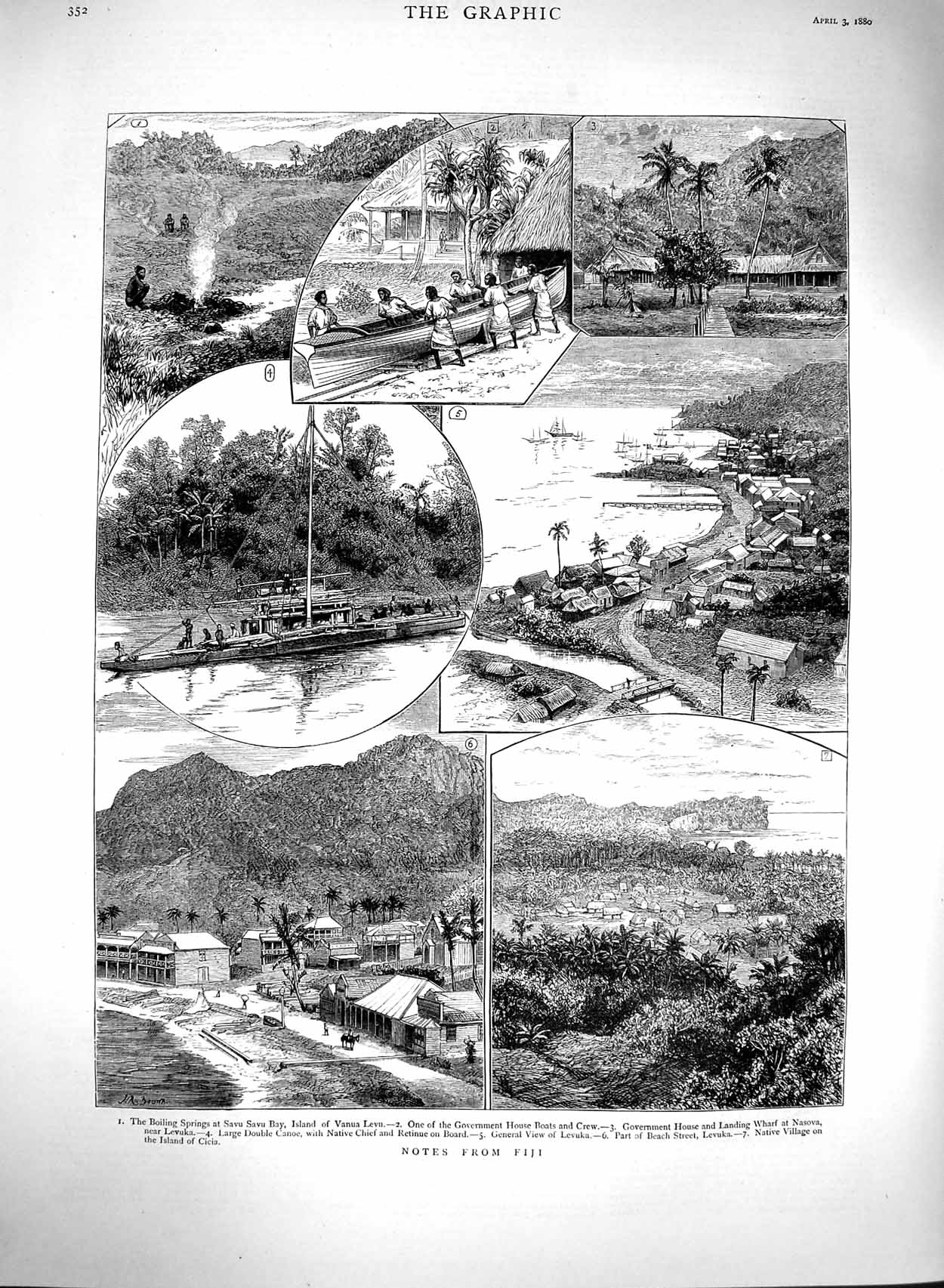 Original Old Antique Print 1880 Fiji Boiling Springs Savu Nasova Levuka Cicia