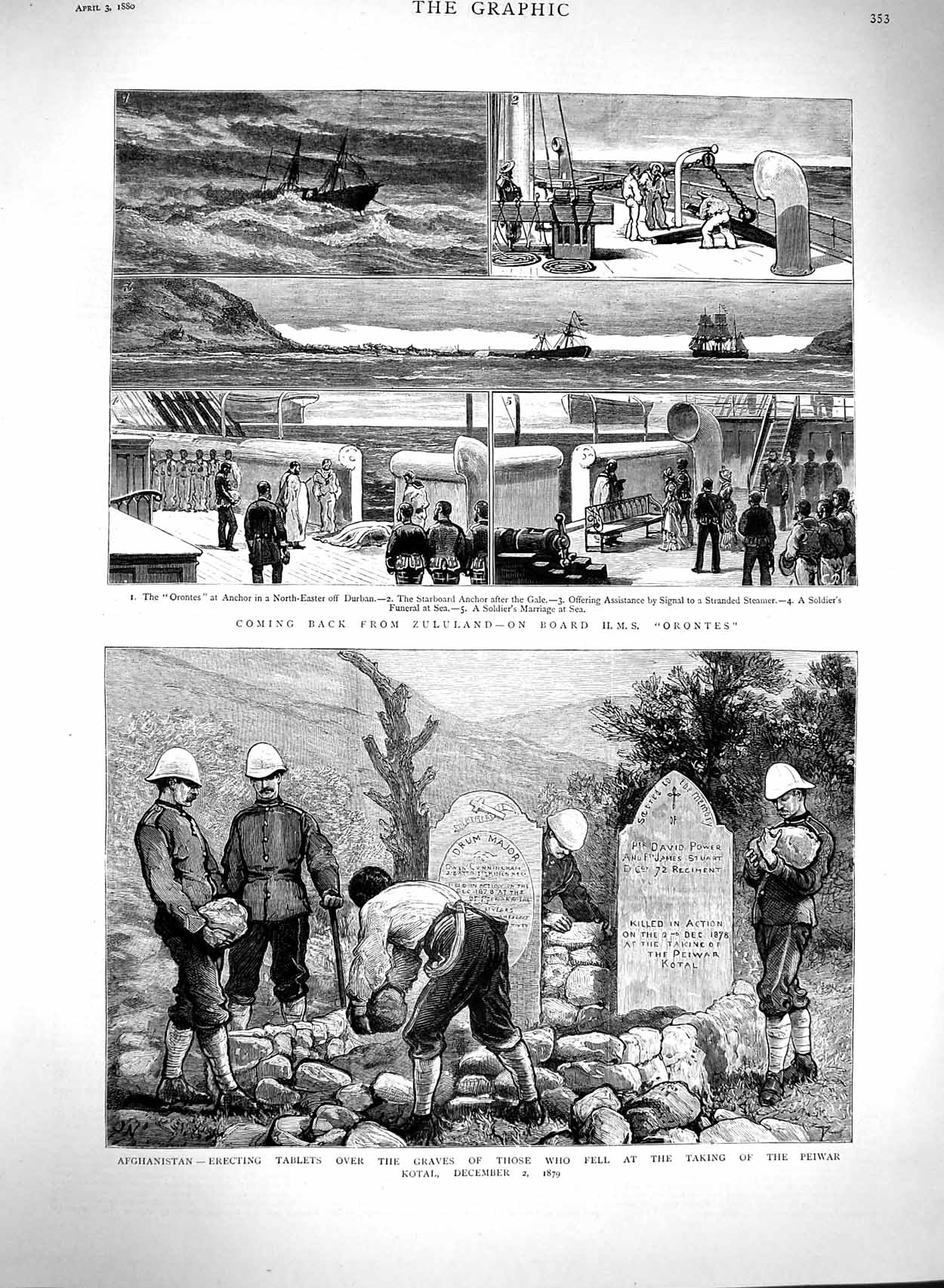 Original Old Antique Print 1880 Afghanistan Graves War Peiwar Ship Orontes 19th