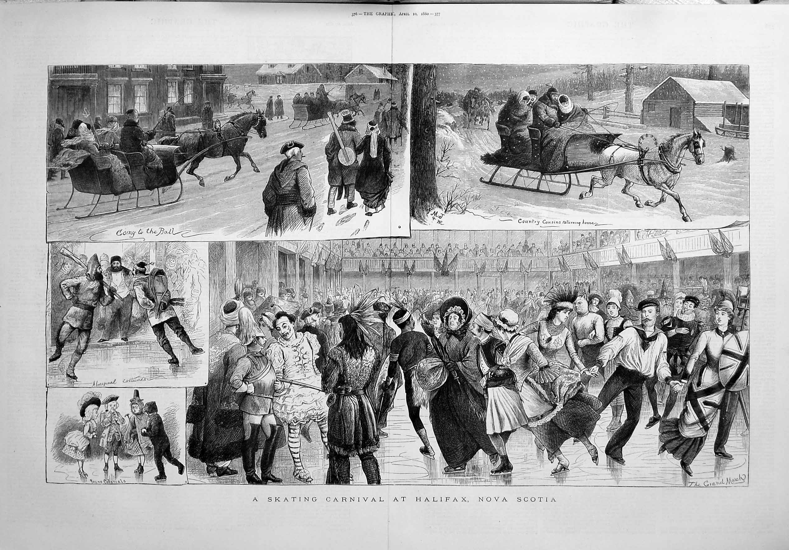 Old Antique Print 1880 Ice Skating Carnival Halifax Nova Scotia Costumes 19th