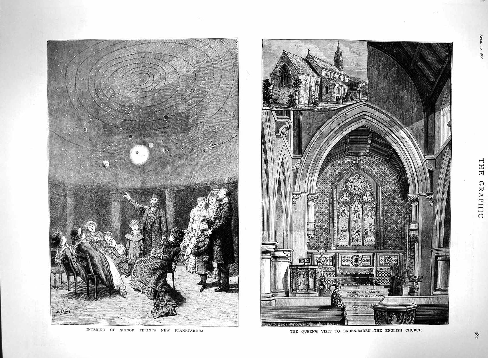 Original Old Antique Print 1880 Signor Perini Planetarium Queen Baden-Baden 19th