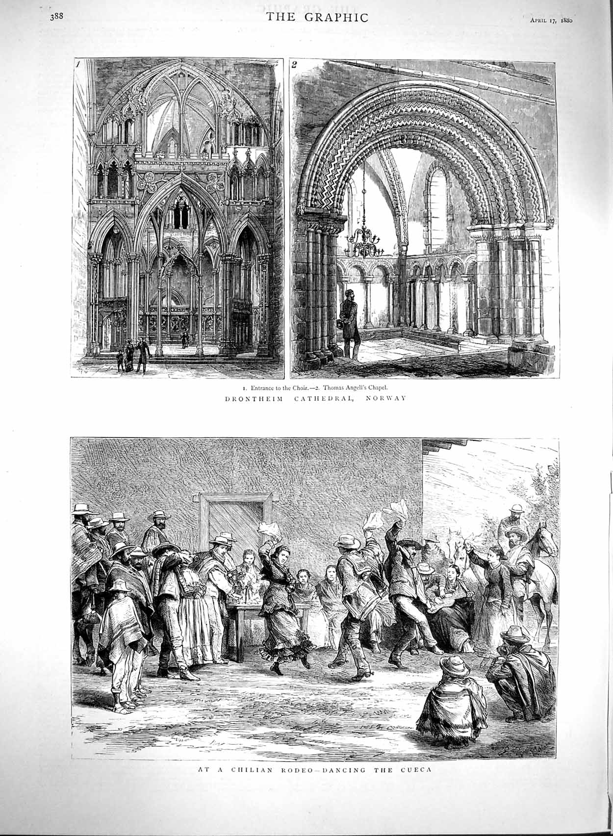 Original Old Antique Print 1880 Drontheim Cathedral Norway Chilian Rodeo Cueca