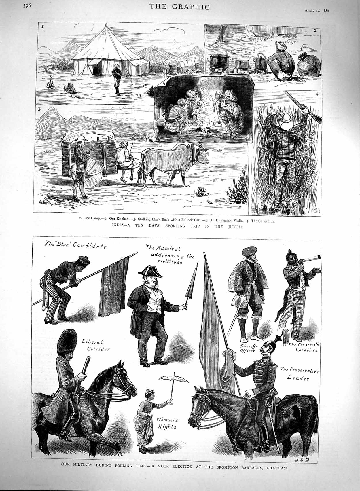Original Old Antique Print 1880 India Hunting Sport Brompton Barracks Chatham