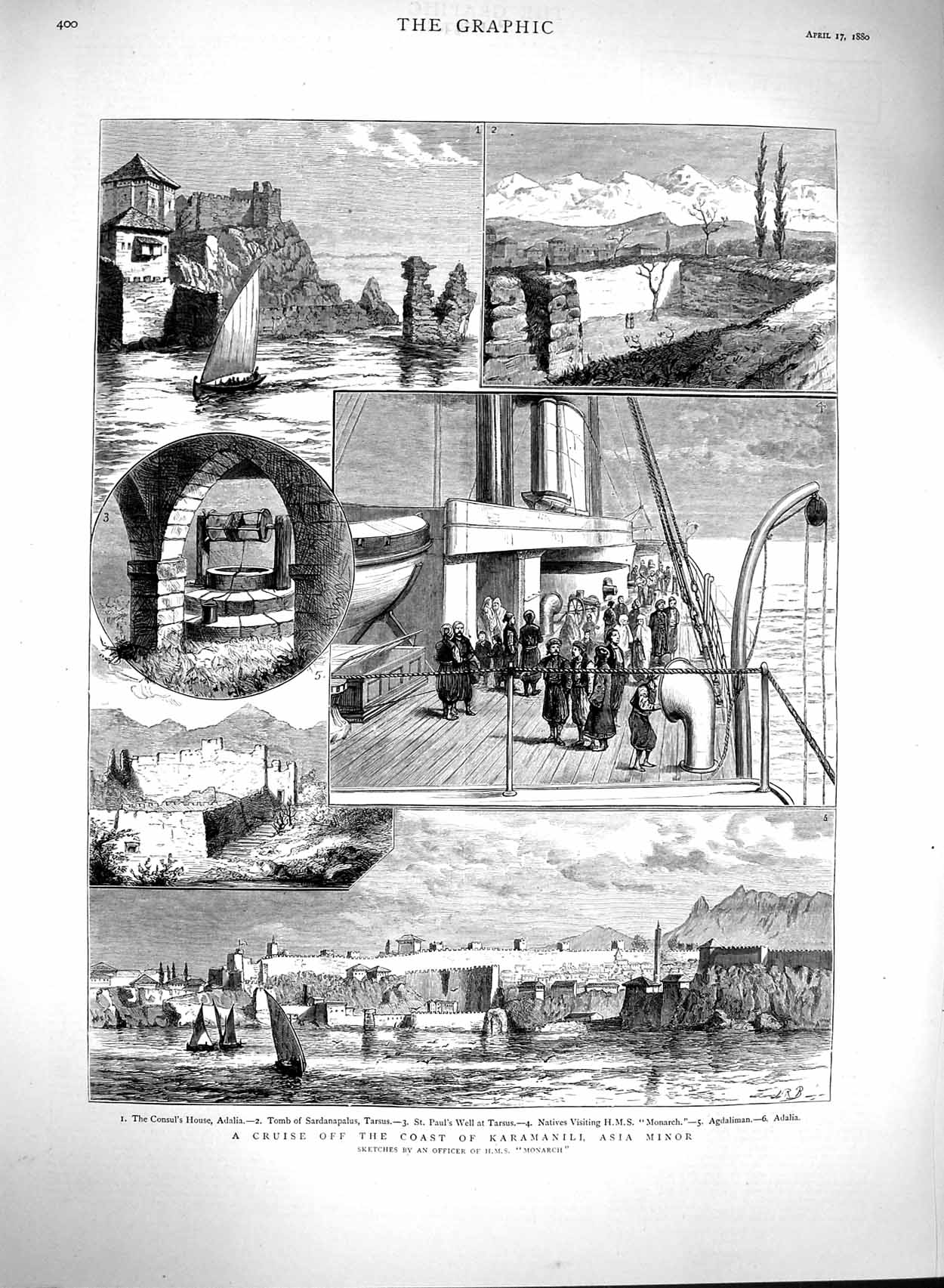 Original Old Antique Print 1880 Ship Monarch Karamanili Asia Minor Tarsus 19th