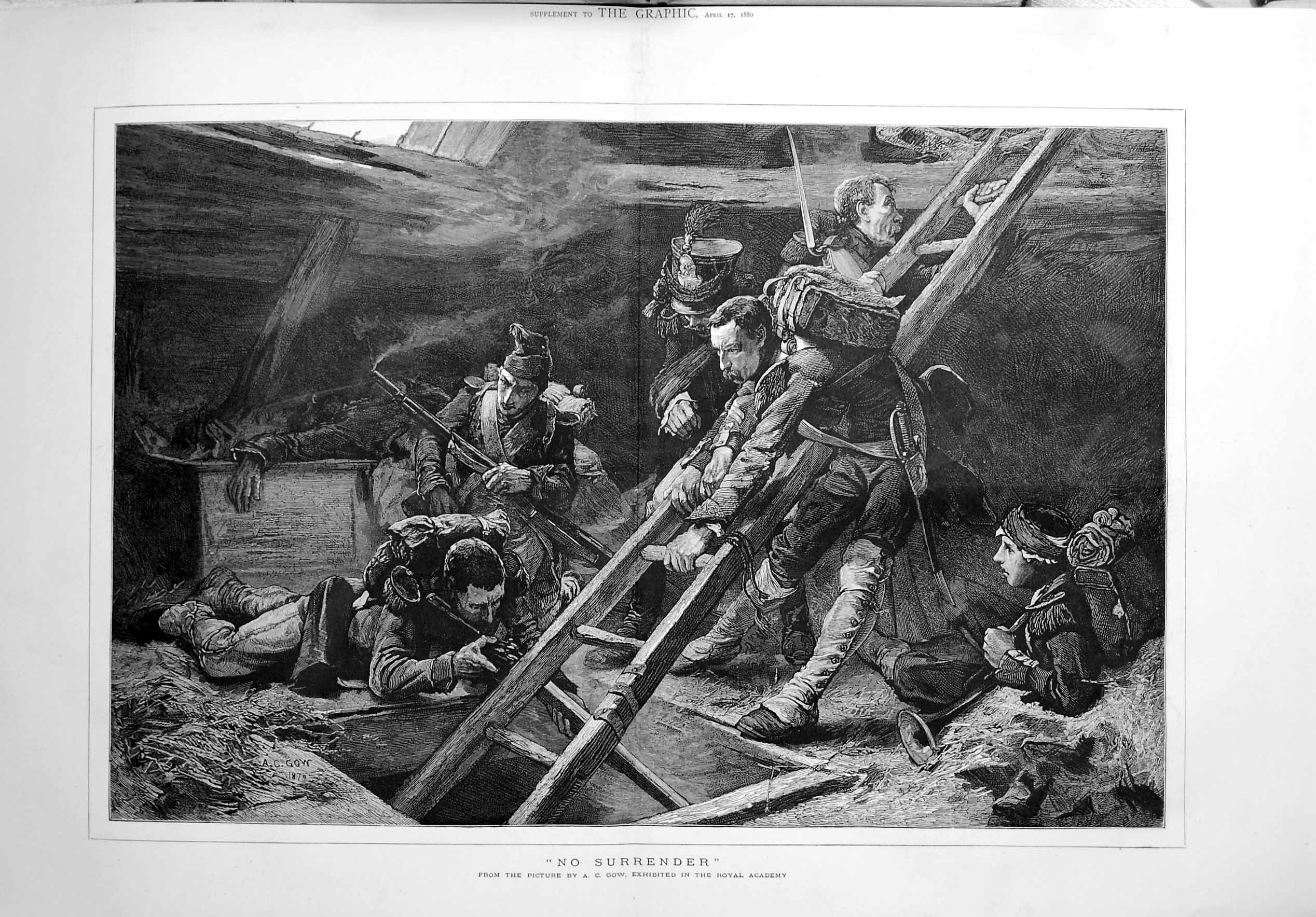 Original Old Antique Print 1880 War Siers Trench Weapons Gow Royal Academy Art