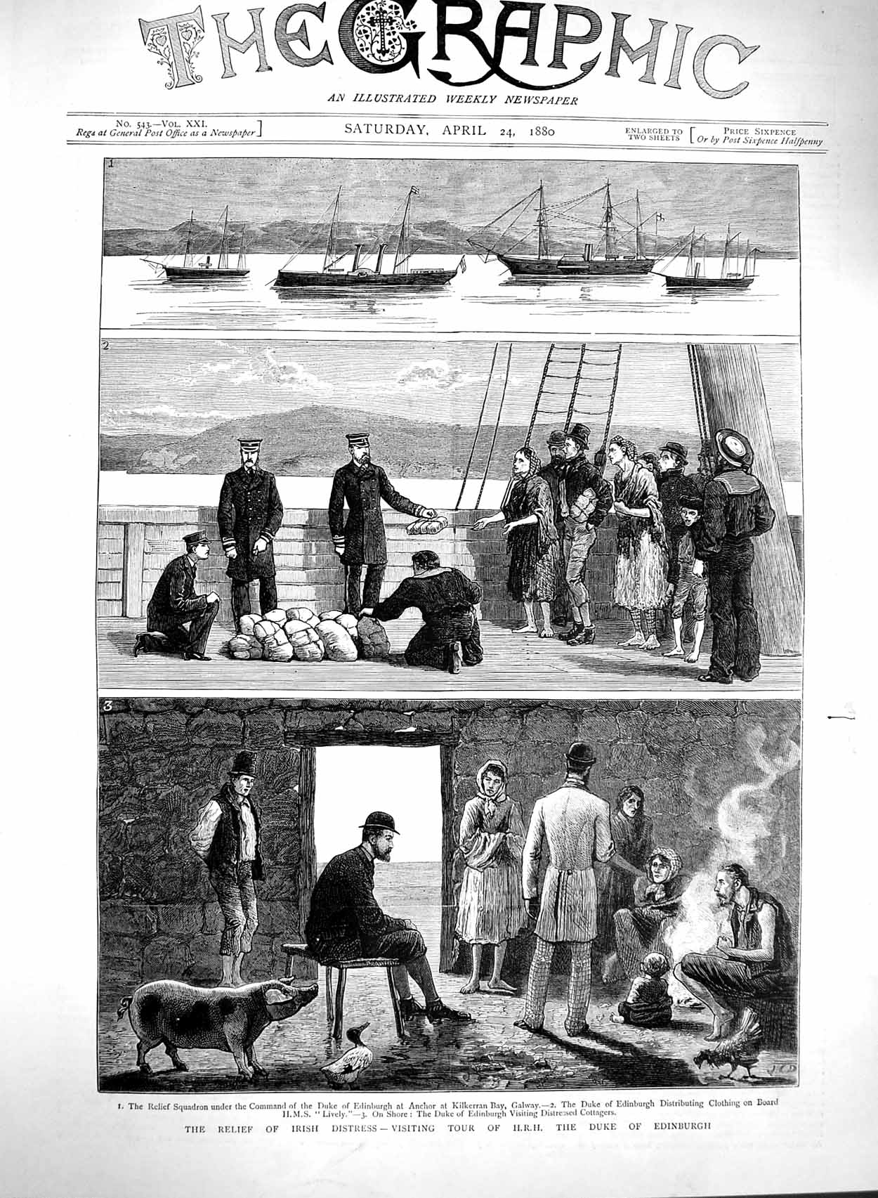 Old Antique Print 1880 Ireland Duke Edinburgh Galway Ship Lively People 19th