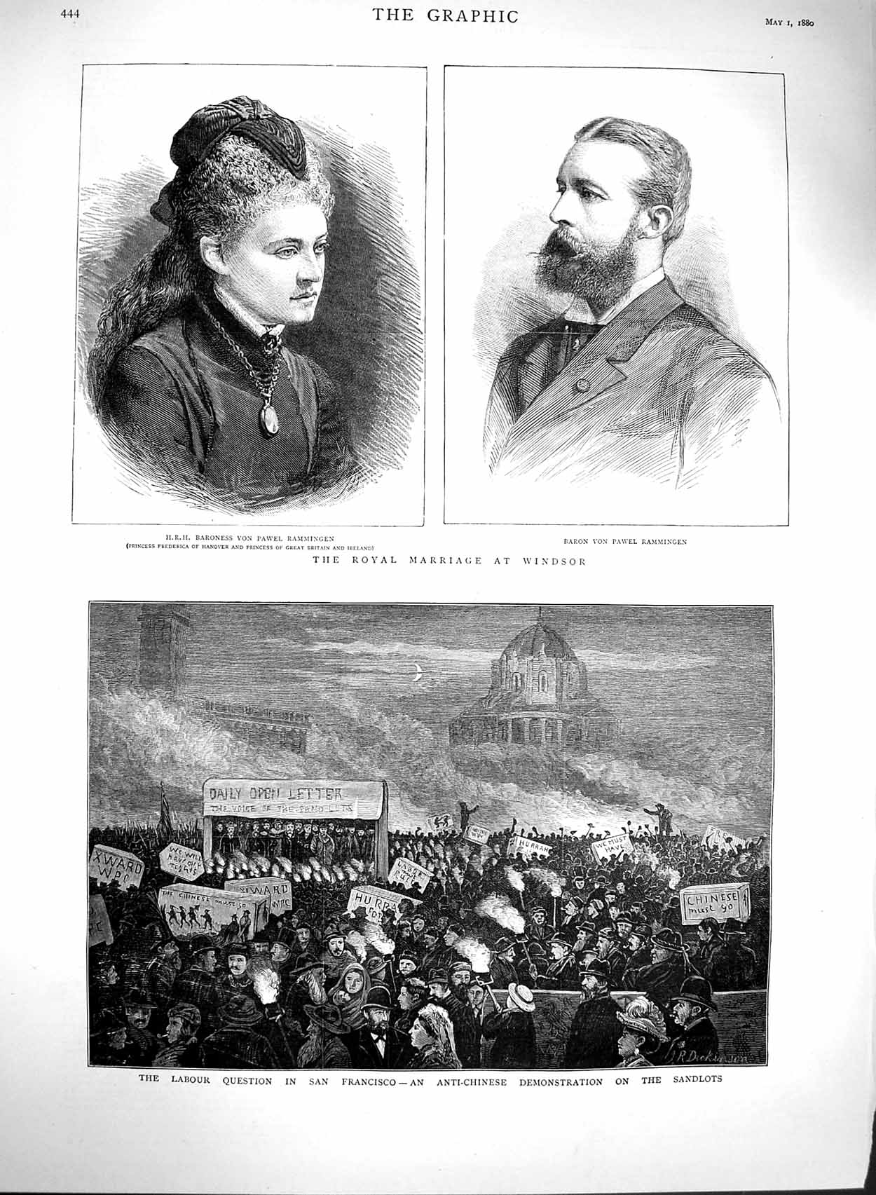 Original Old Antique Print 1880 San Francisco Labour Baroness Rammingen Windsor