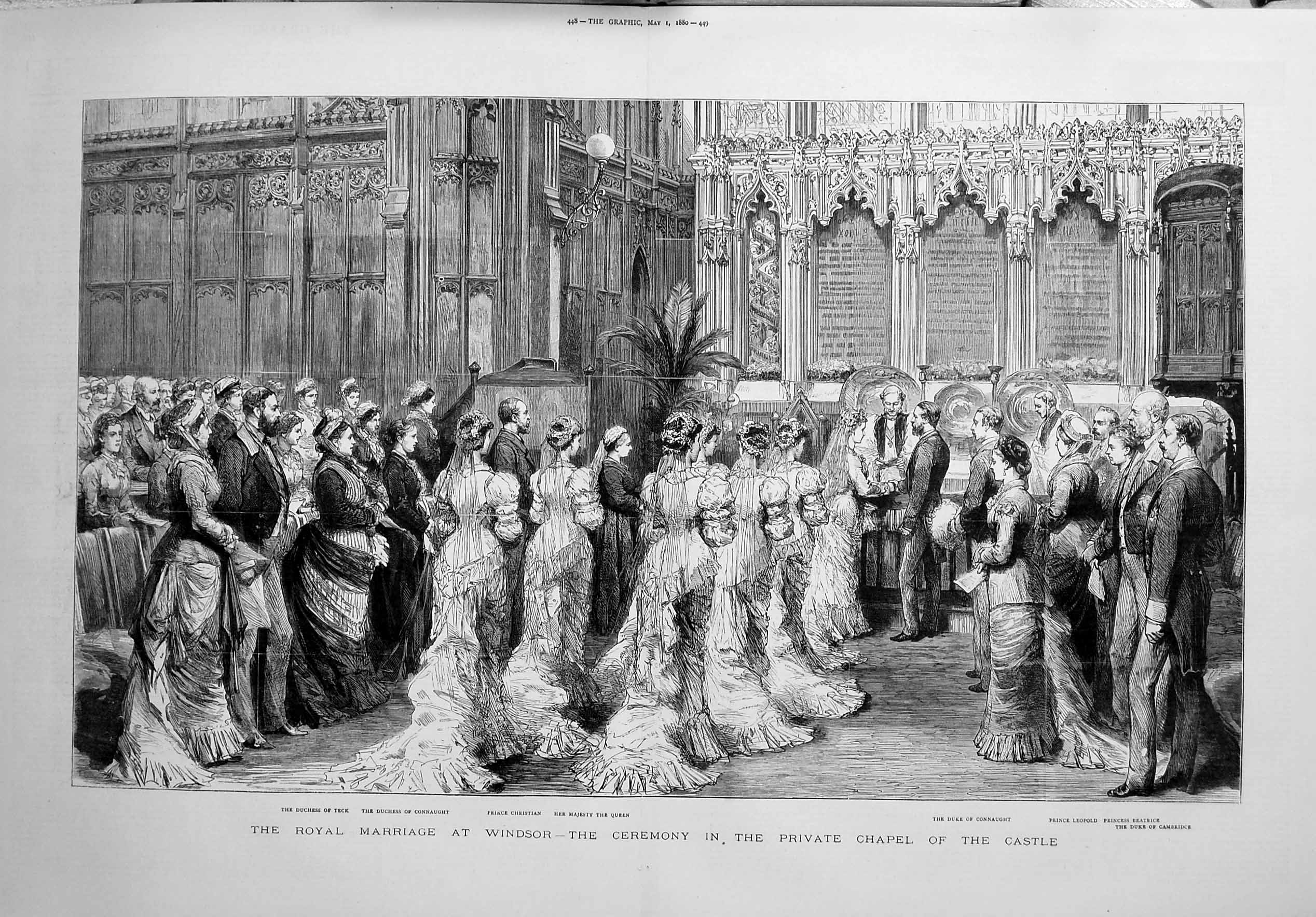 Original Old Antique Print 1880 Royal Wedding Windsor Chapel Castle Christi 19th
